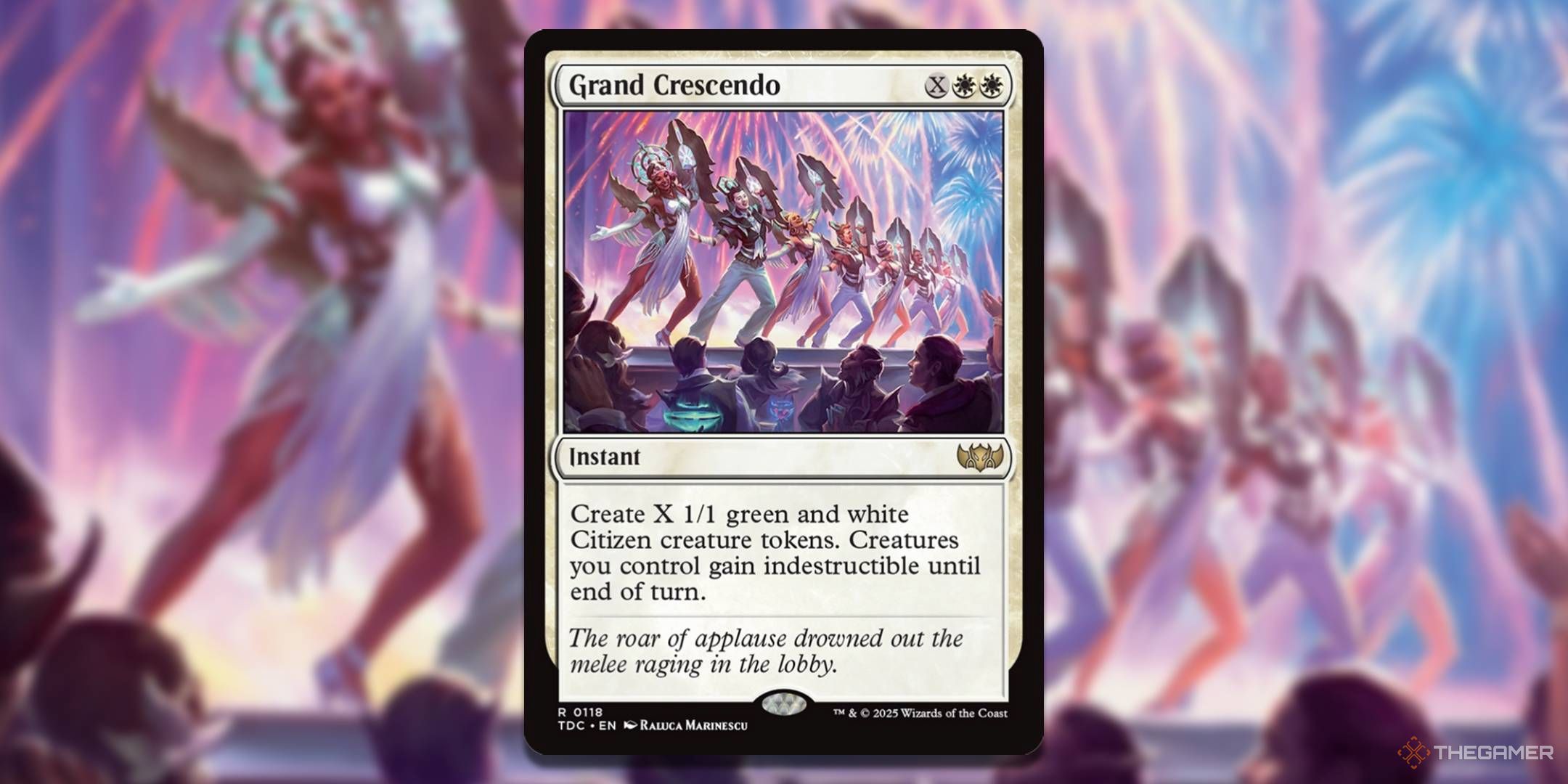 MTG Grand Crescendo card with the art in the background.