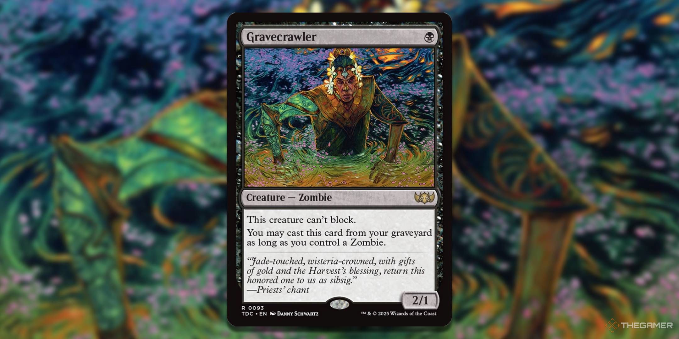 MTG Gravecrawler card with the art in the background.