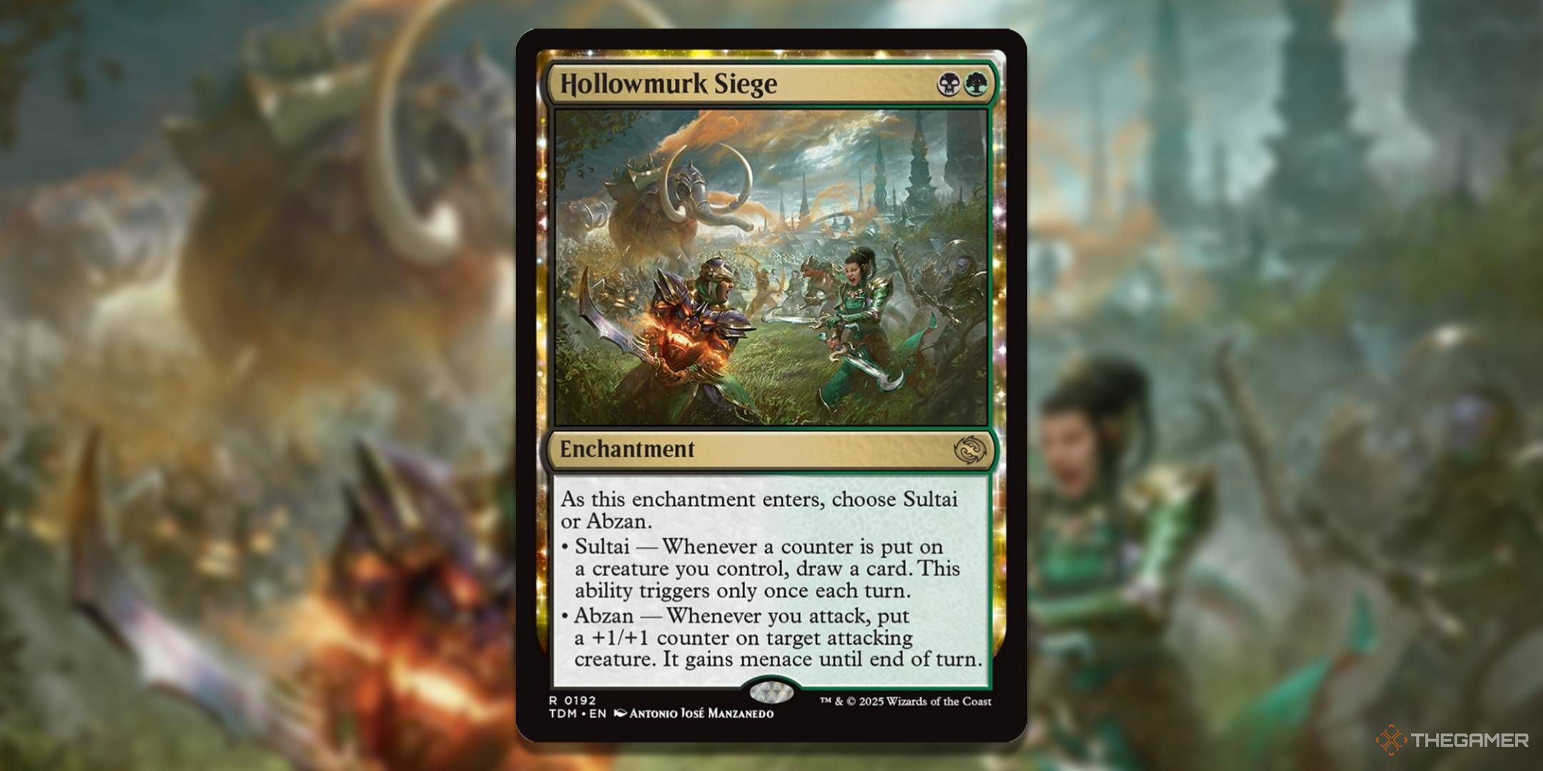 MTG Hollowmurk Siege card with the art in the background.