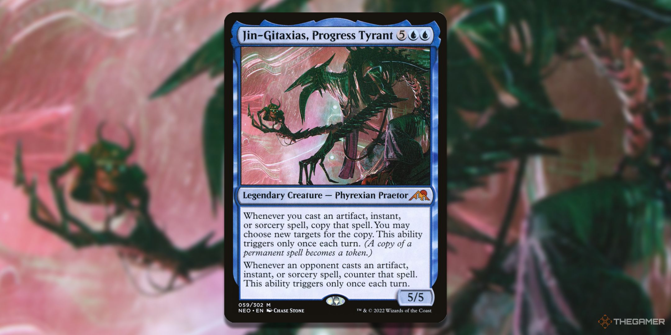 MTG Jin-Gitaxias, Progress Tyrant card with the art in the background.