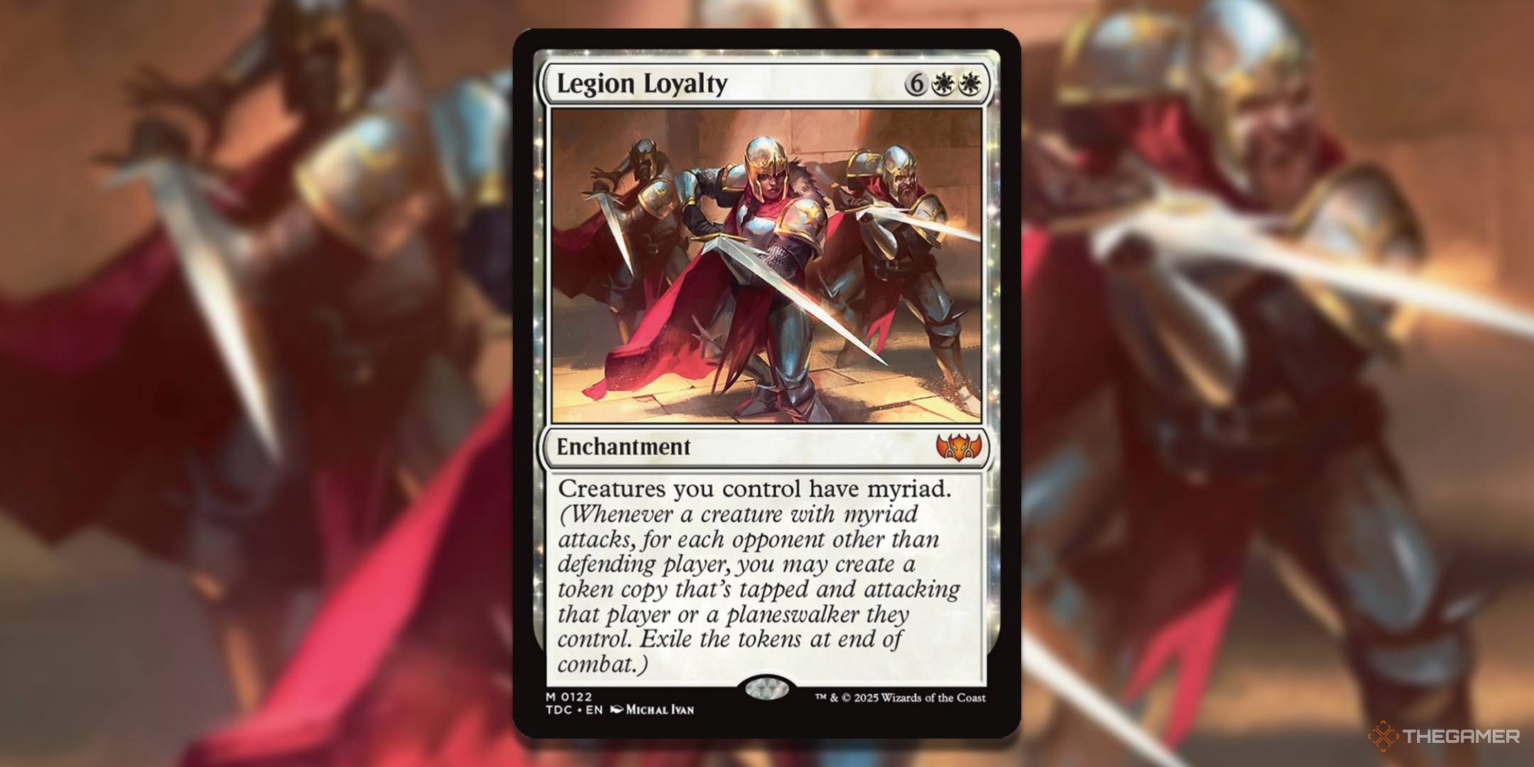 MTG Legion Loyalty card with the art in the background.