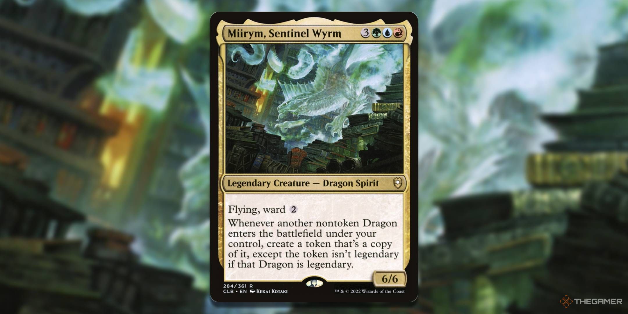 MTG Miirym, Sentinel Wyrm card with the art in the background.