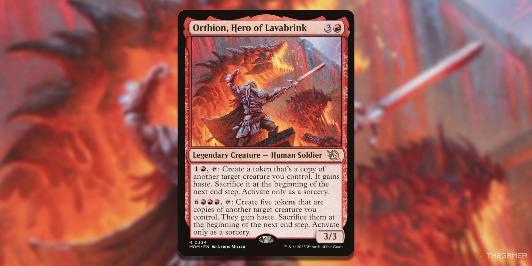 MTG Orthion, Hero of Lavabrink card with the art in the background.