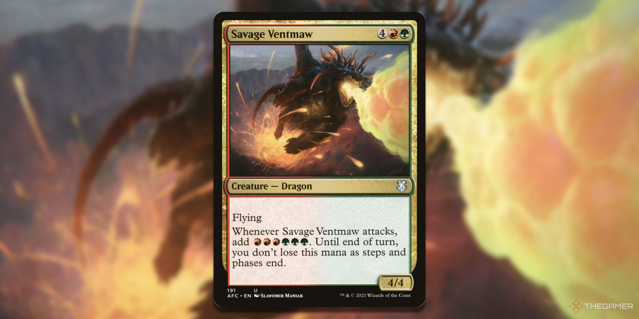 MTG Savage Ventmaw card with the art in the background.