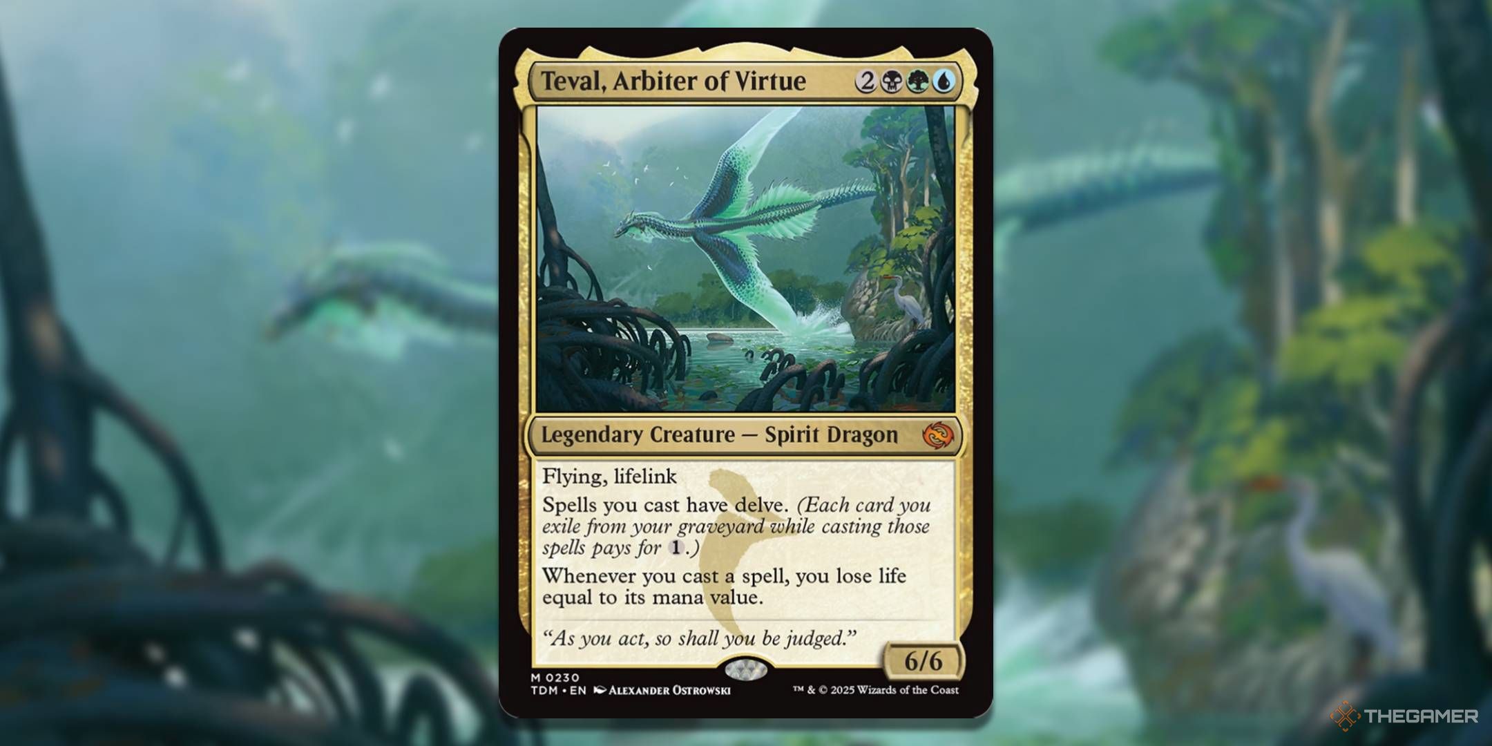 MTG Teval, Arbiter of Virtue card with the art in the background.