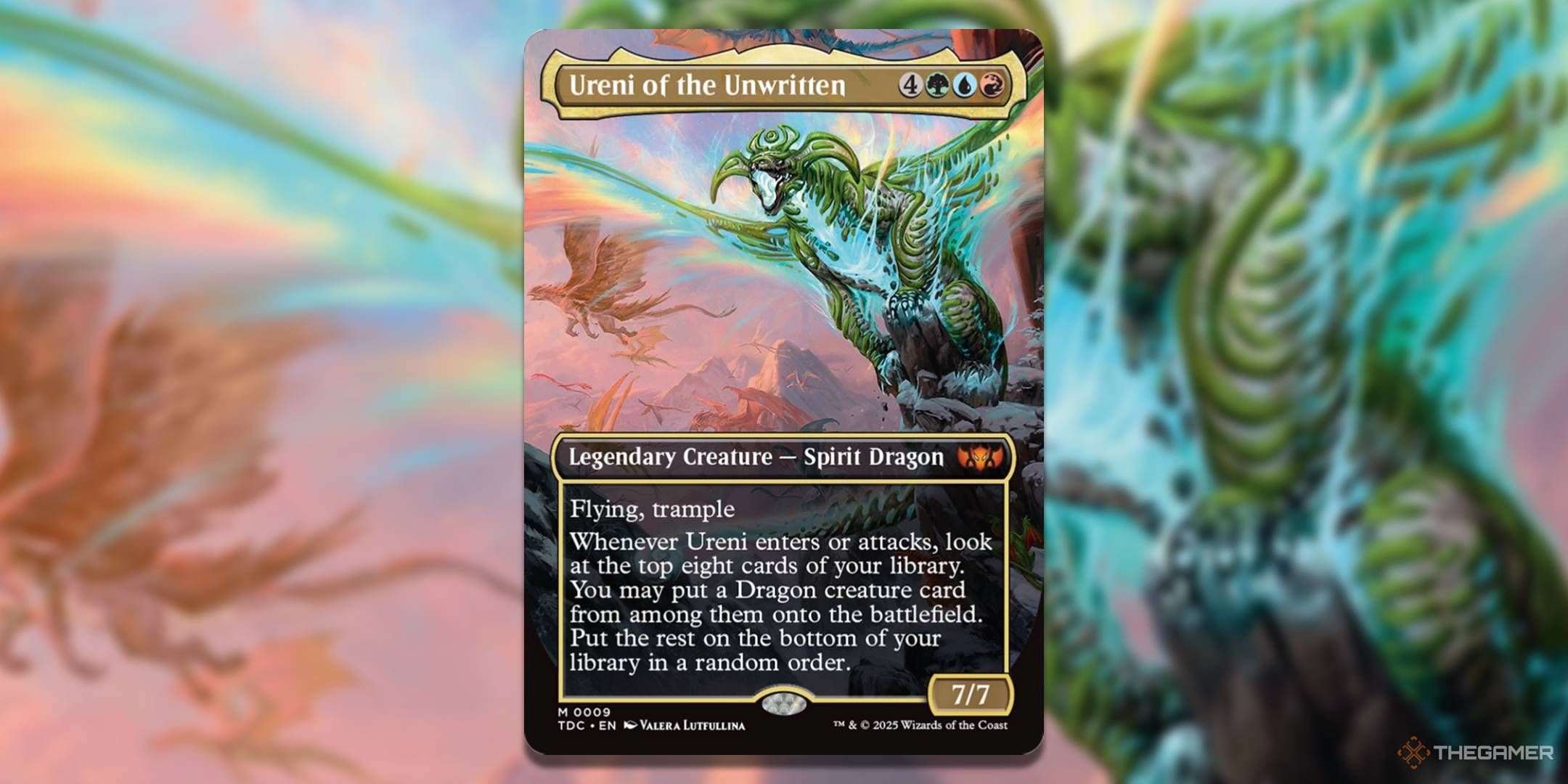 MTG Ureni of the Unwritten card with the art in the background.
