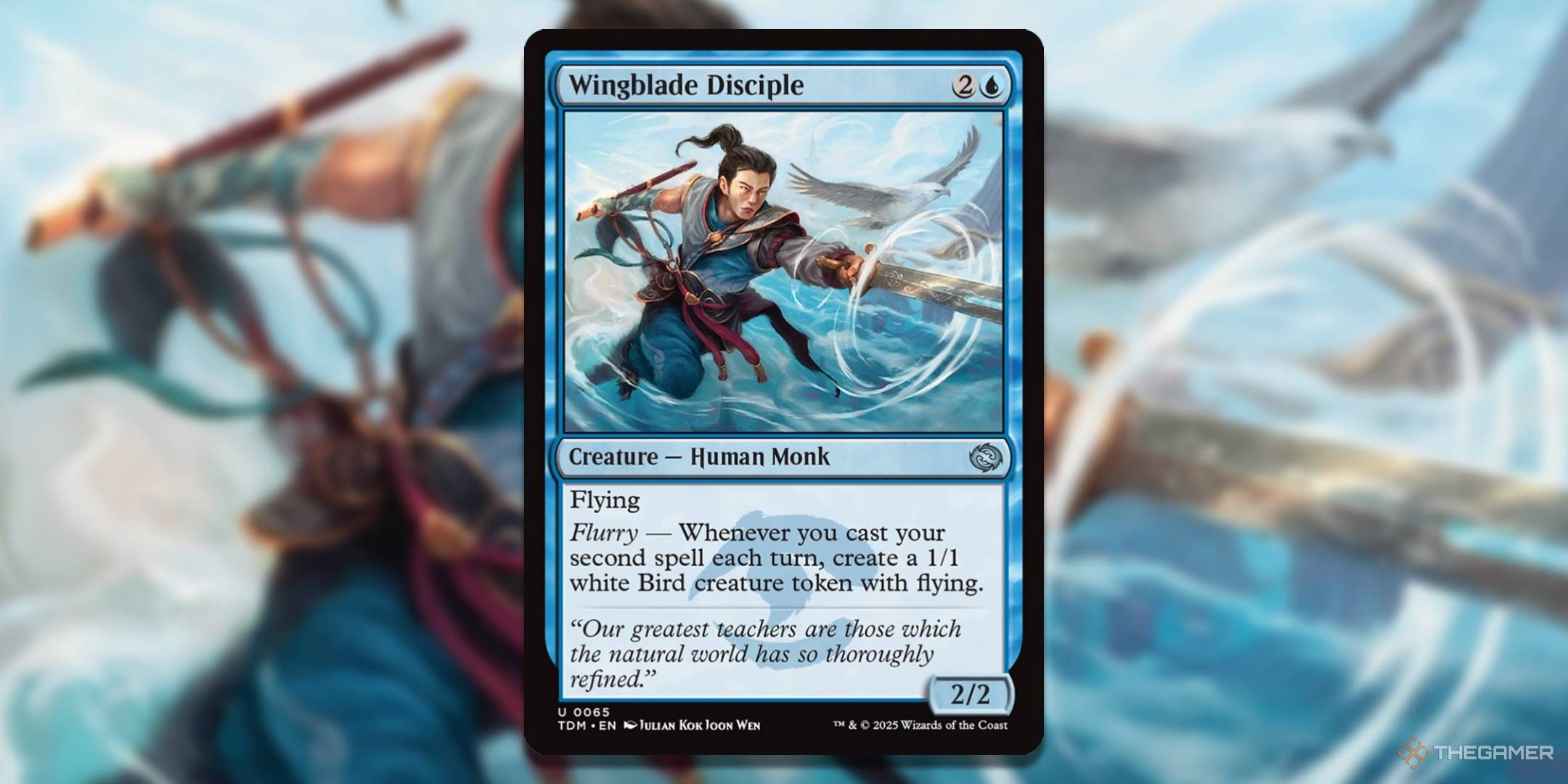 MTG Wingblade Disciple card with the art in the background.