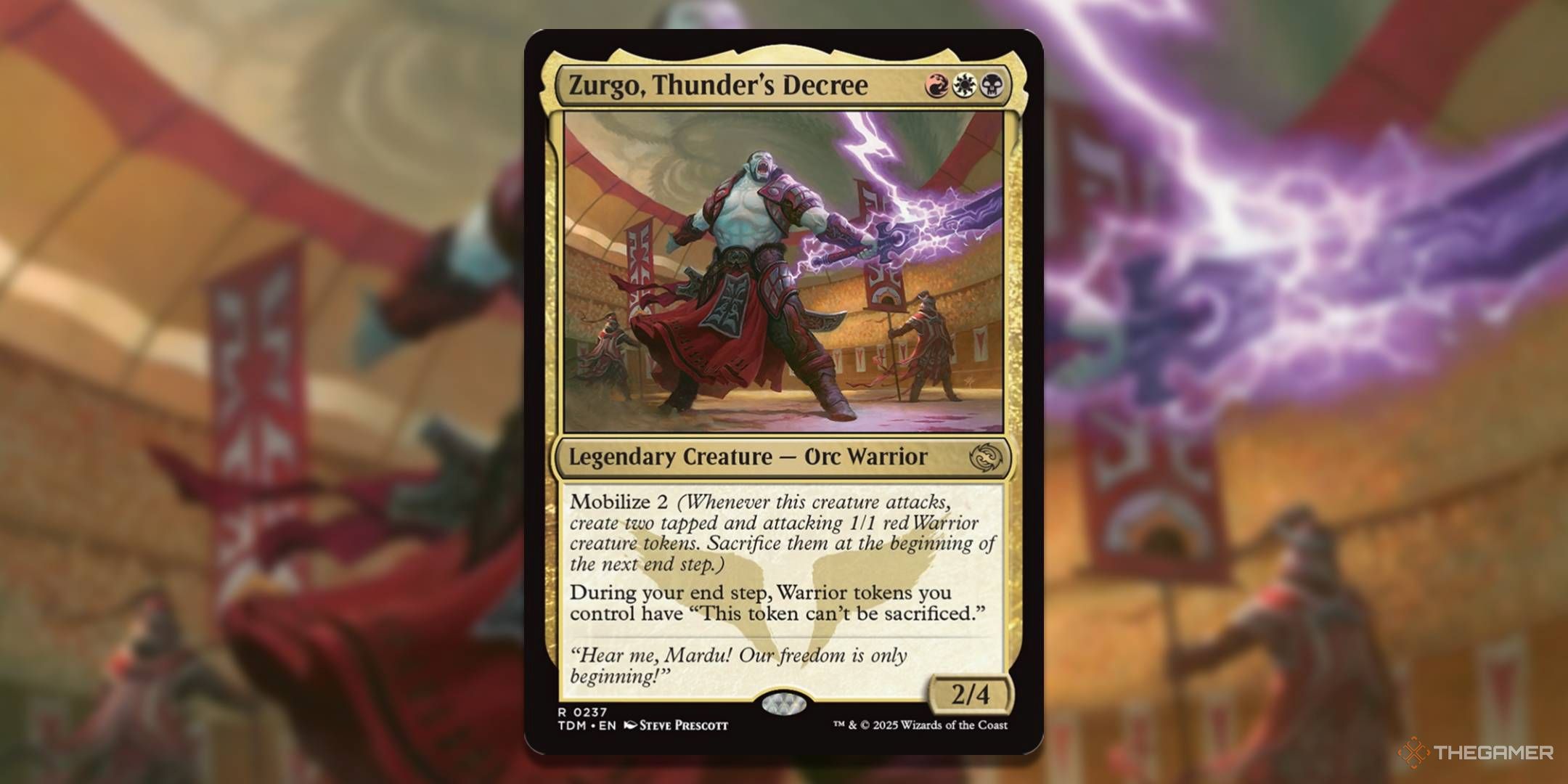 MTG Zurgo, Thunder's Decree card with the art in the background.