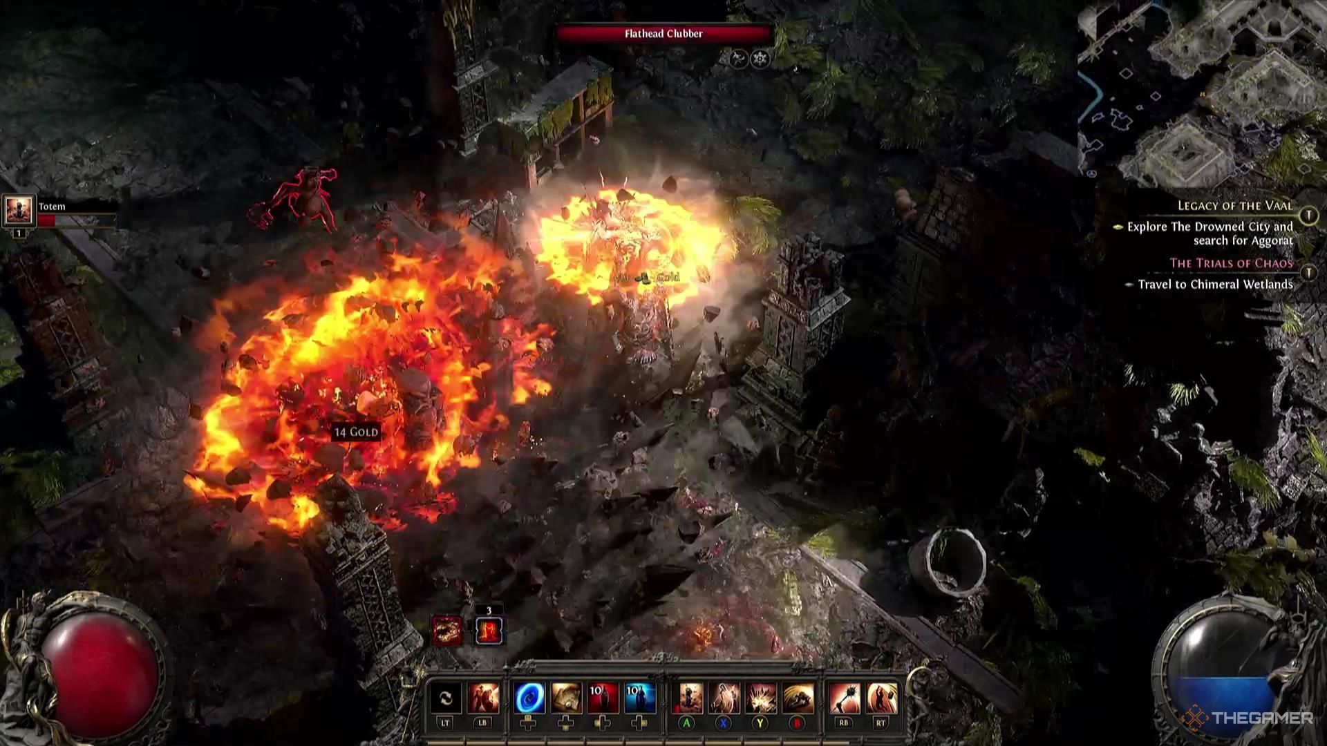 Множественные взрывы уничтожают группу врагов в Path of Exile 2.
