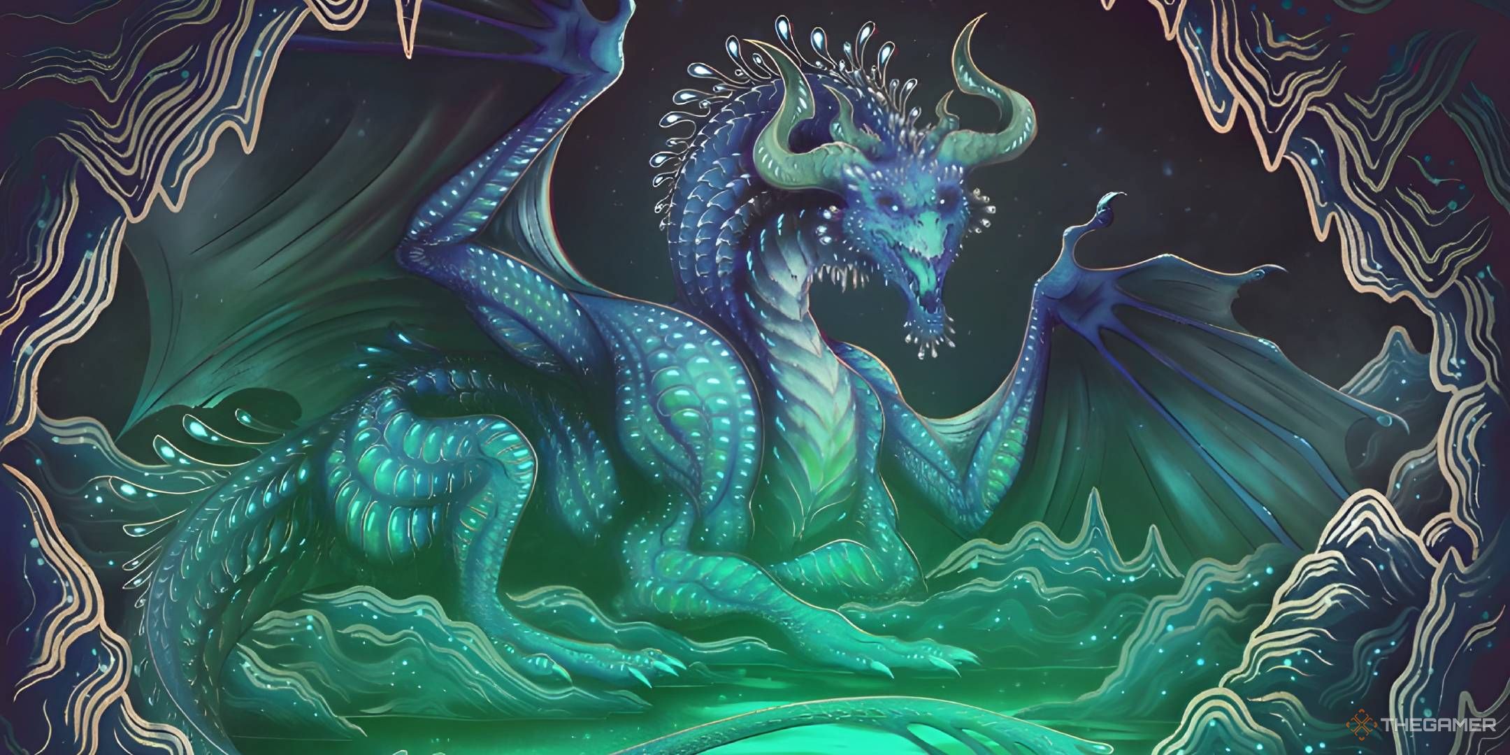 A blue dragon lounges in a cave near a pool of water.