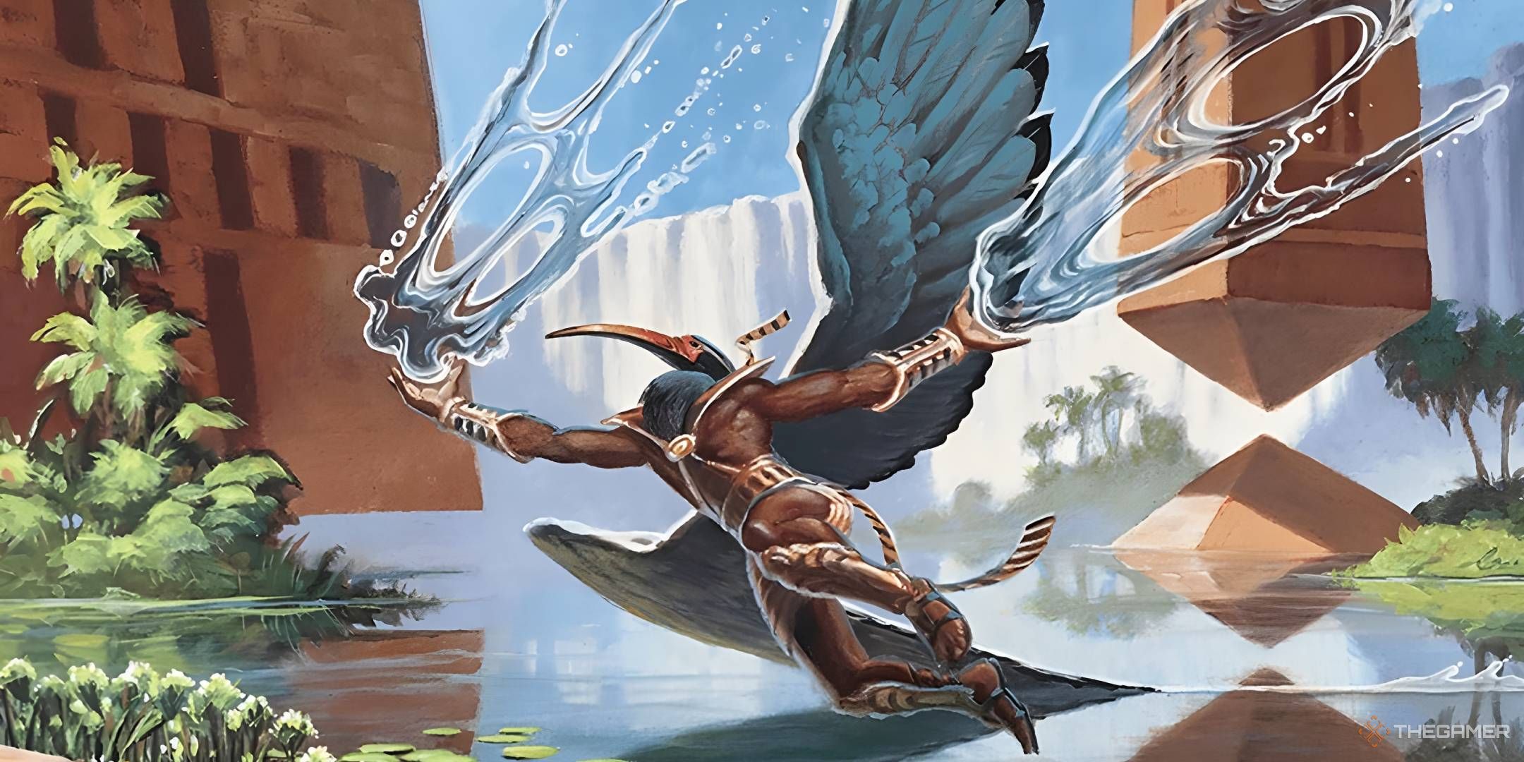 Nadu, a Wizard with the head and wings of a Bird, flies over a pool of water.