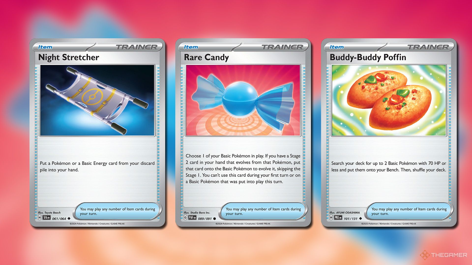Night Stretcher, Rare Candy and Buddy-Buddy Poffin cards in Pokemon TCG.