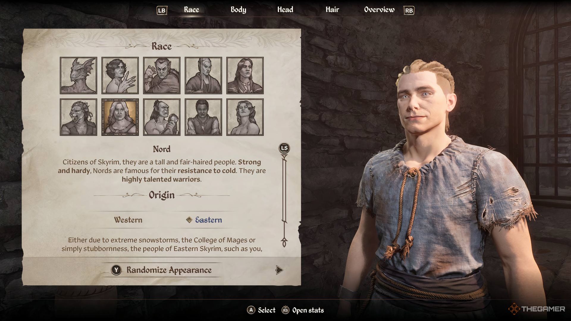 An image of the character creation screen from the Elder Scrolls IV: Oblivion Remastered showing a nord.