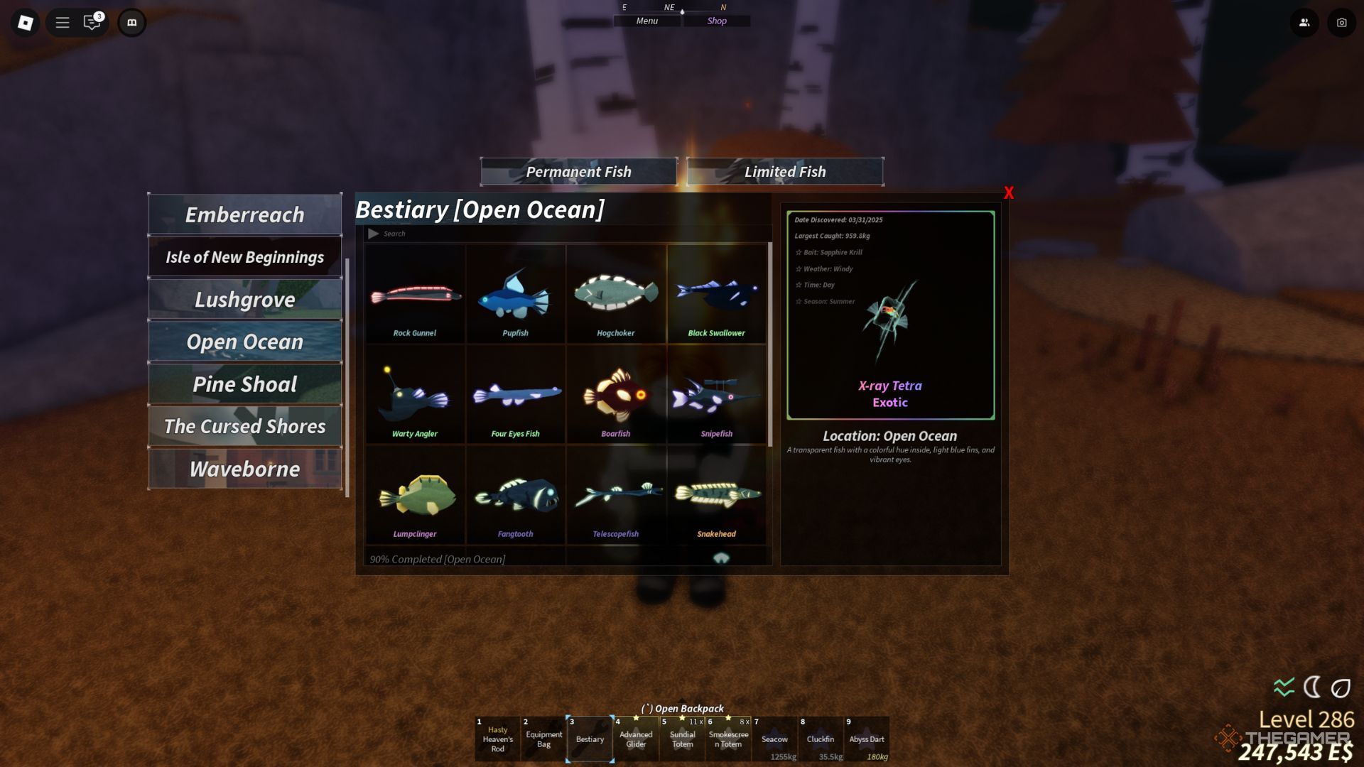 The player character shows a fully completed Open Ocean bestiary in Fisch.