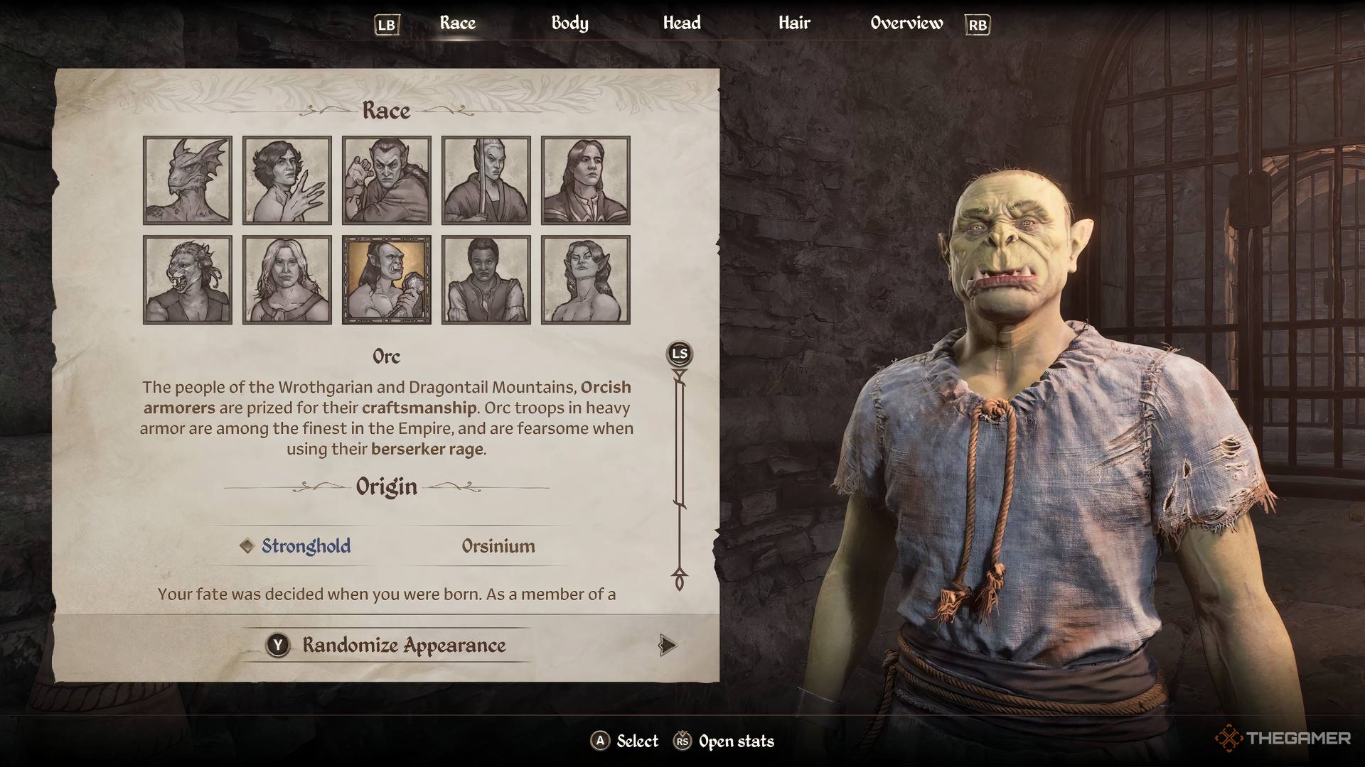 An image of the character creation screen from the Elder Scrolls IV: Oblivion Remastered showing an orc.
