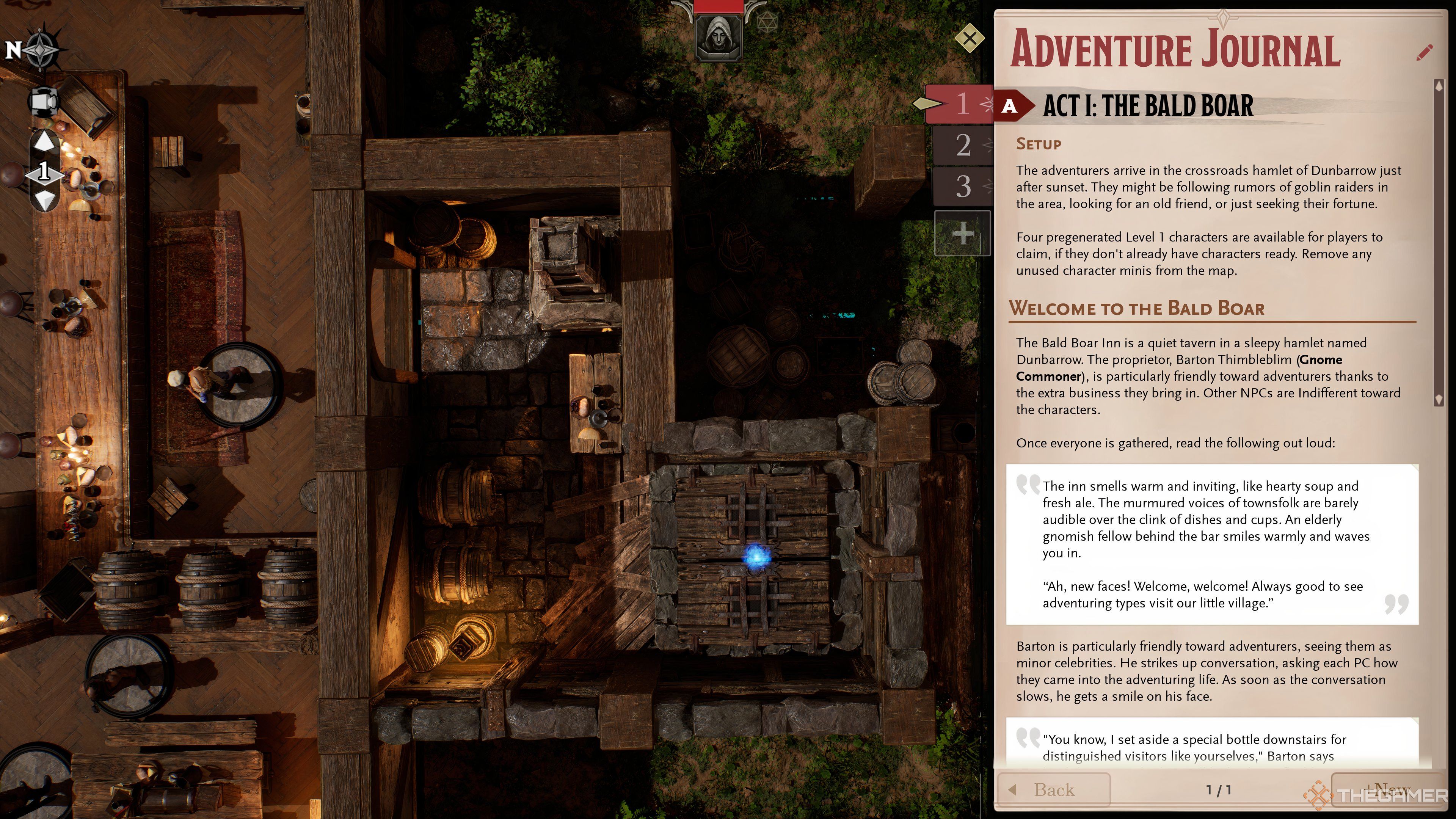Overhead View of The Bald Boar Adventure in Sigil. The Adventure Journal is open to the right.