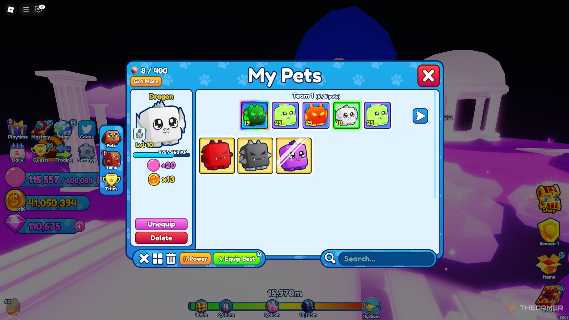 The player character shows his his inventory with different pets in Bubble Gum Simulator Infinity.