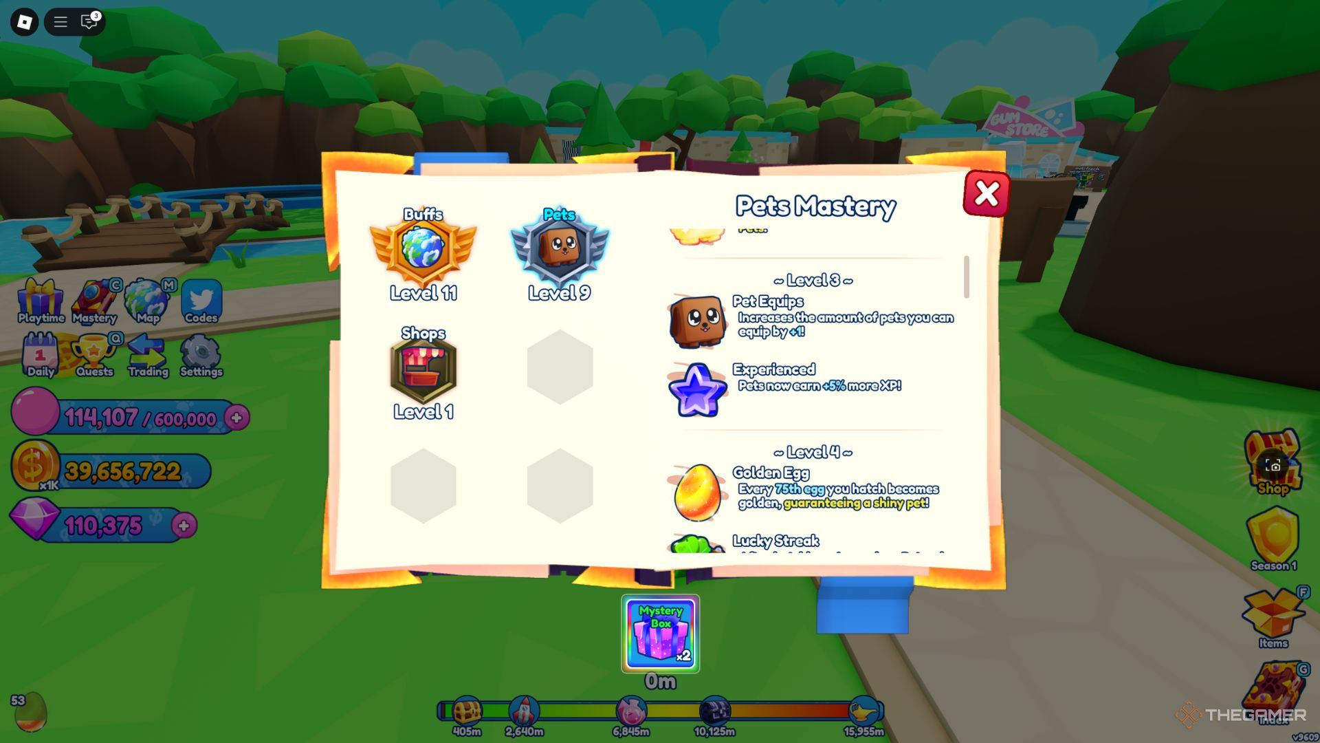 The player character shows the Pets Mastery tab in Bubble Gum Simulator Infinity.