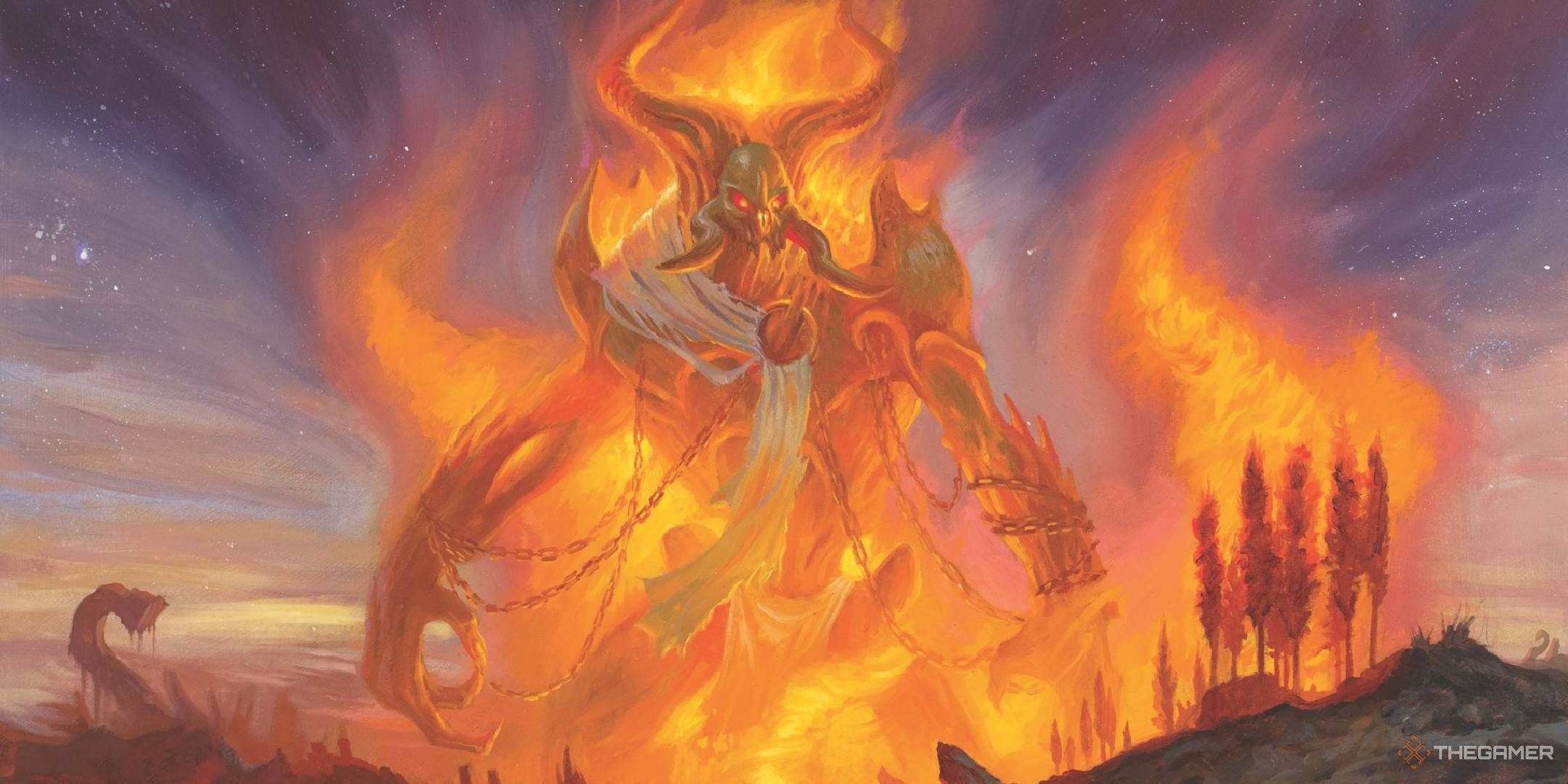 A chained titan wreathed in fire looks over a burning landscape.