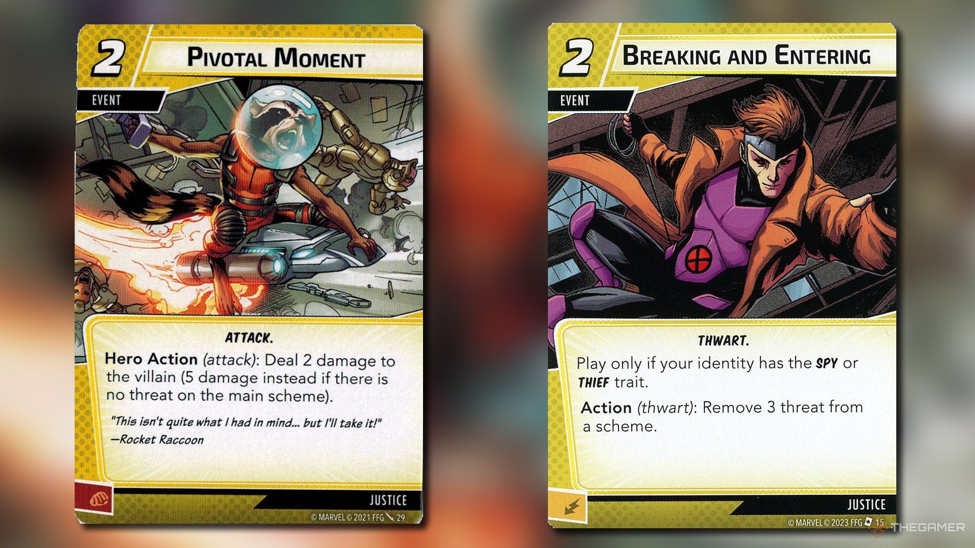 Pivotal Movement and Breaking and Entering cards from Marvel Champions.
