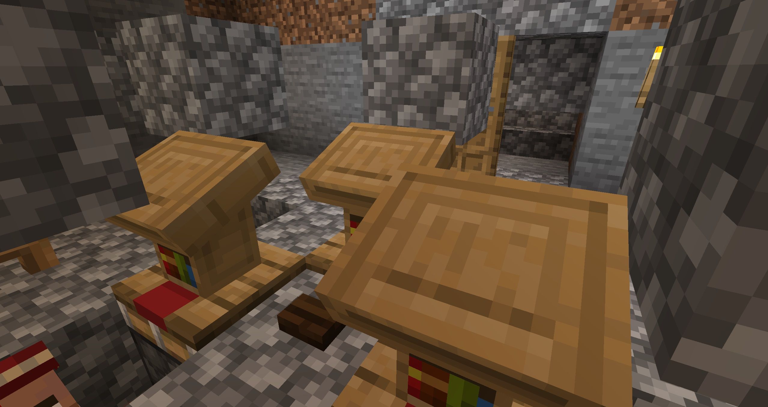 Three Lecterns around a brown button in Minecraft.
