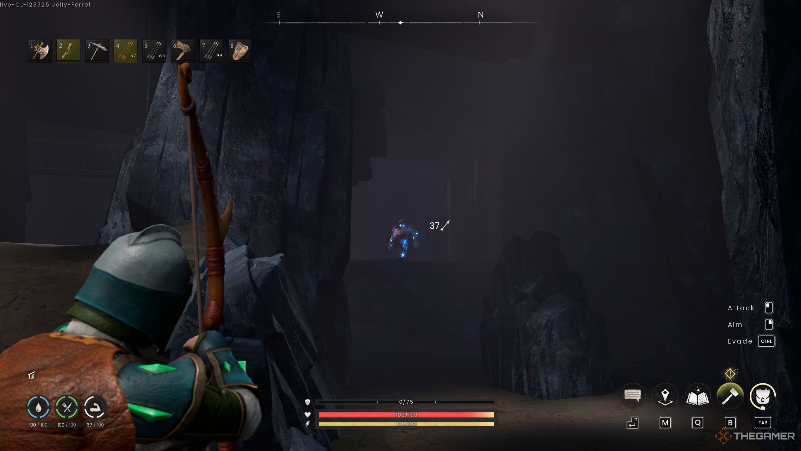 Player aiming at the Rune Guardian with a bow in Runescape Dragonwilds.