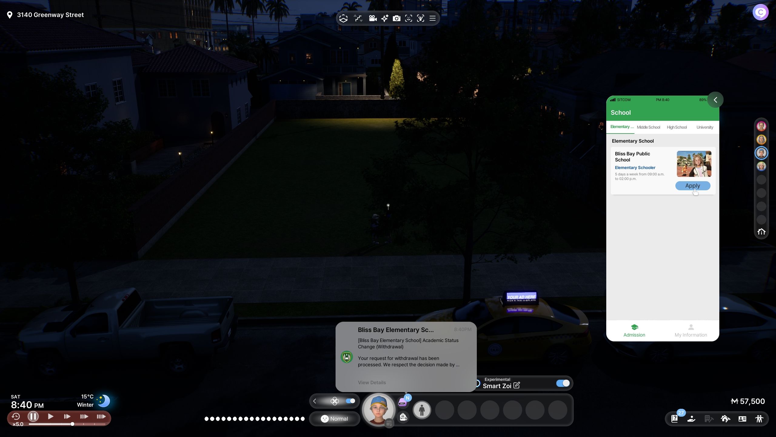 Player is about to apply to Elementary School - inzoi
