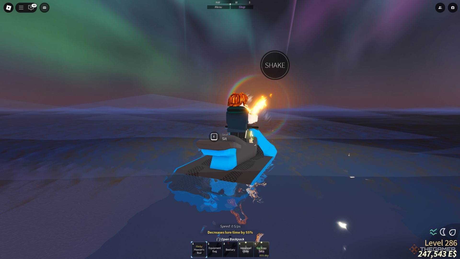 The player character is fishing in the Open Ocean area during the Aurora Borealis event in Fisch.