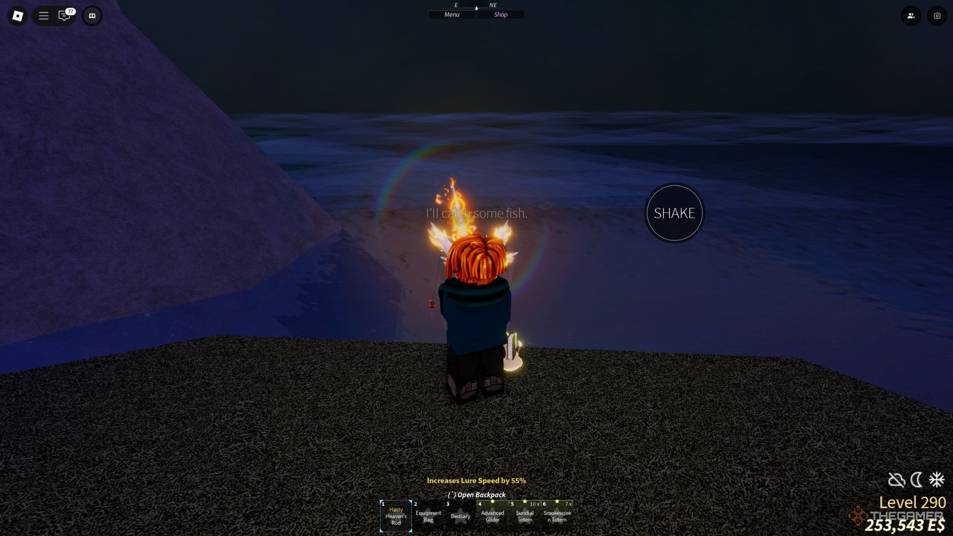 The player character is fishing on The Cursed Shores in the Second Sea location in Fisch.