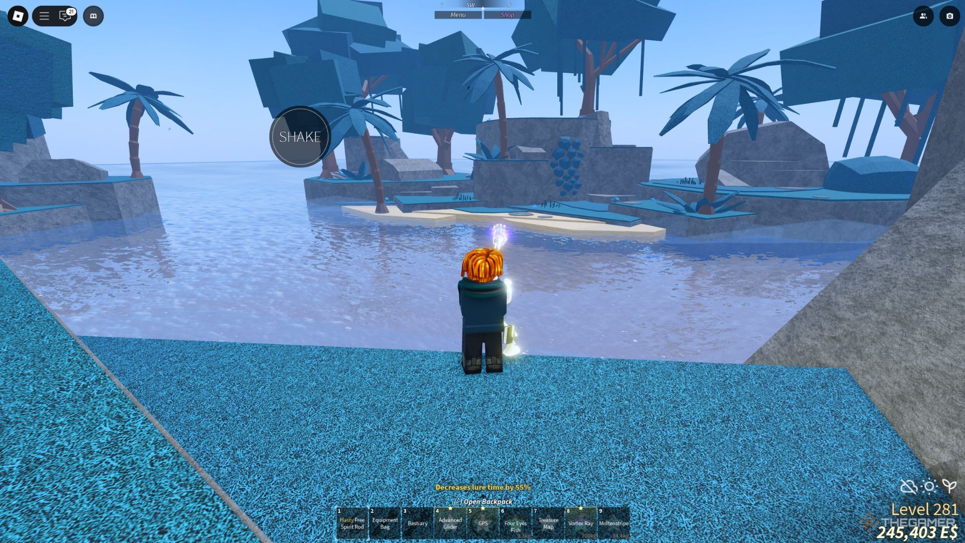 The player character is fishing using the Free Spirit Rod in the Azure Lagoon area in Fisch.