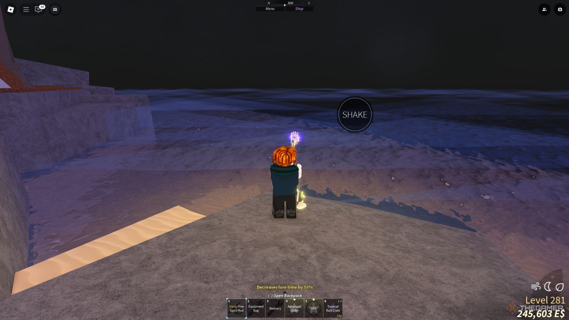 The player character is fishing using the Free Spirit Rod in the Waveborne area in Fisch.