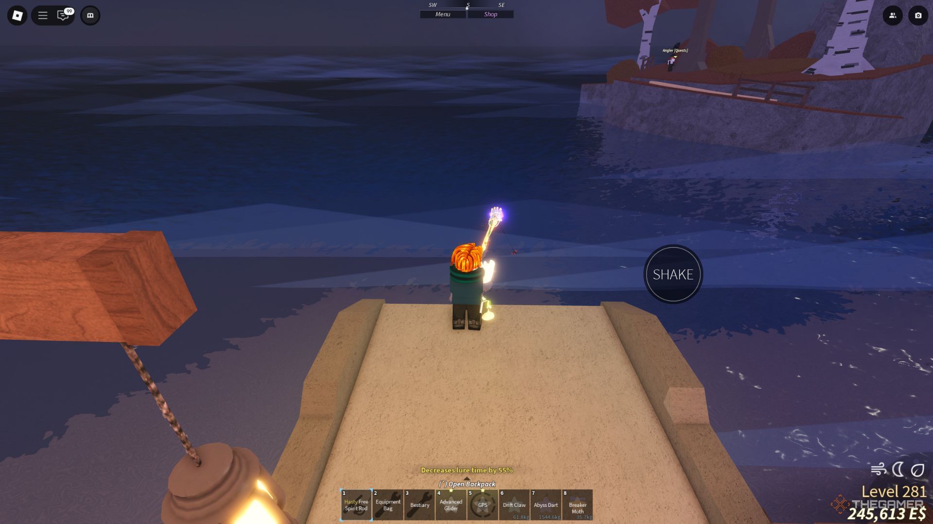 The player character is fishing using the Free Spirit Rod in the Waveborne area in Fisch.