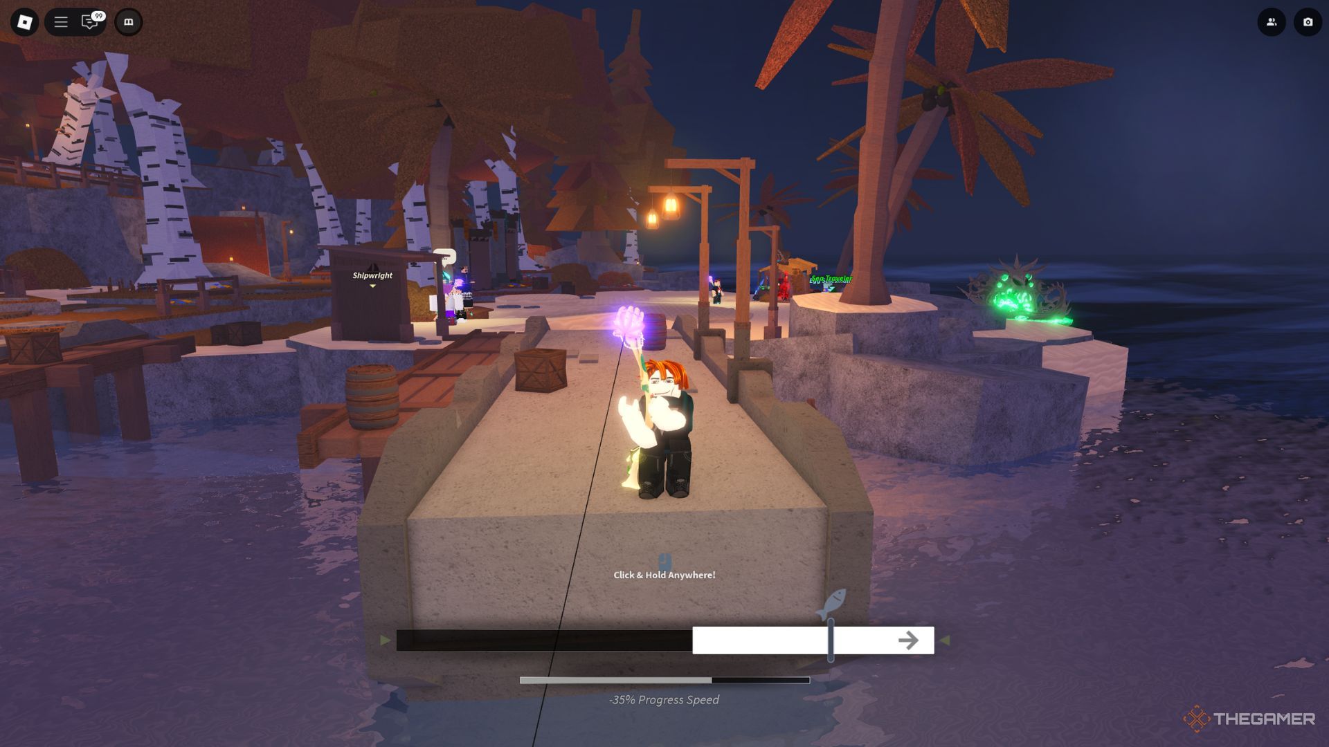 The player character is playing mini-game to activate the Cursed Nuke event in the Waveborne area in Fisch.