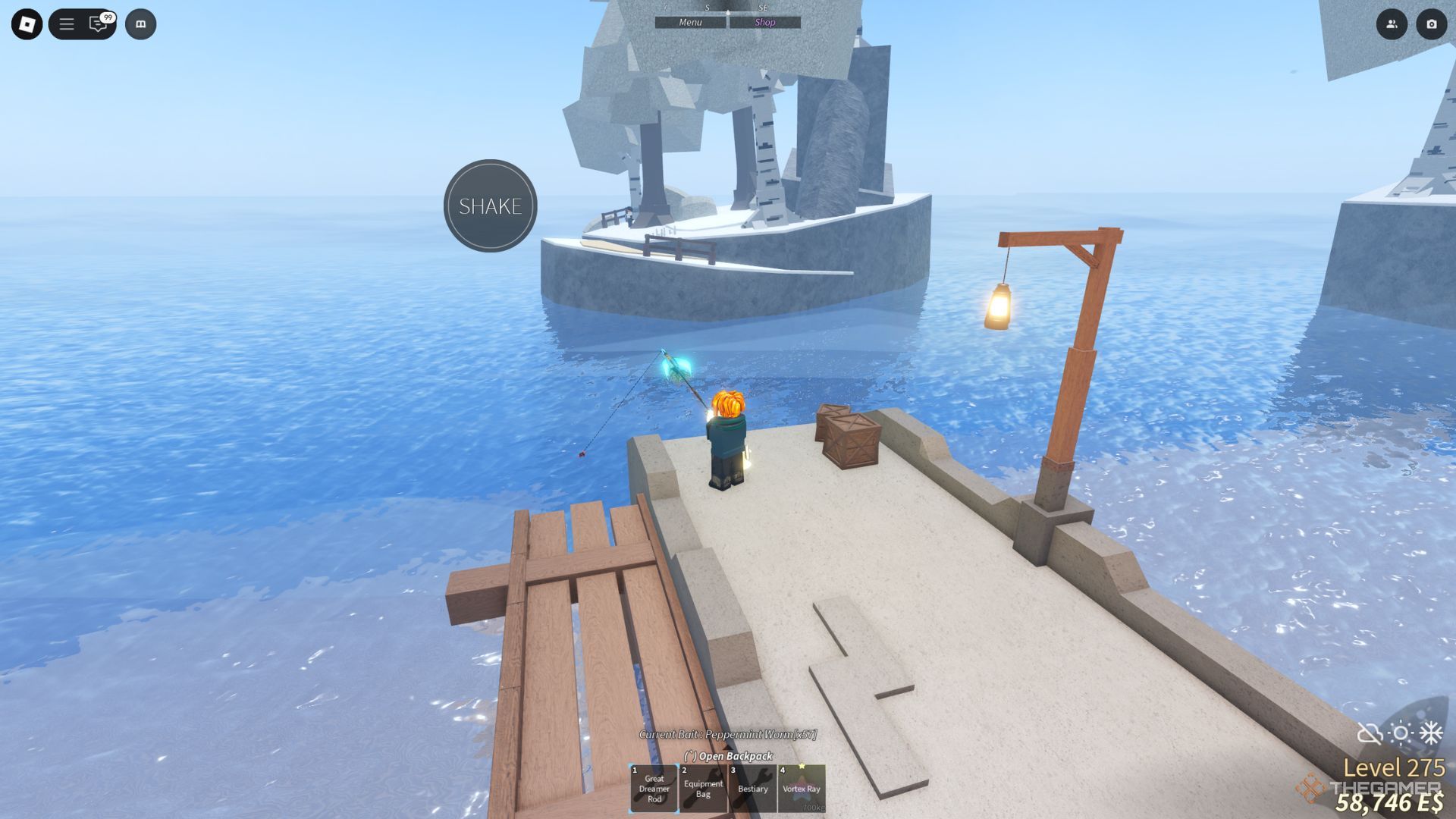The player character is fishing on the Waveborne docks in Fisch.