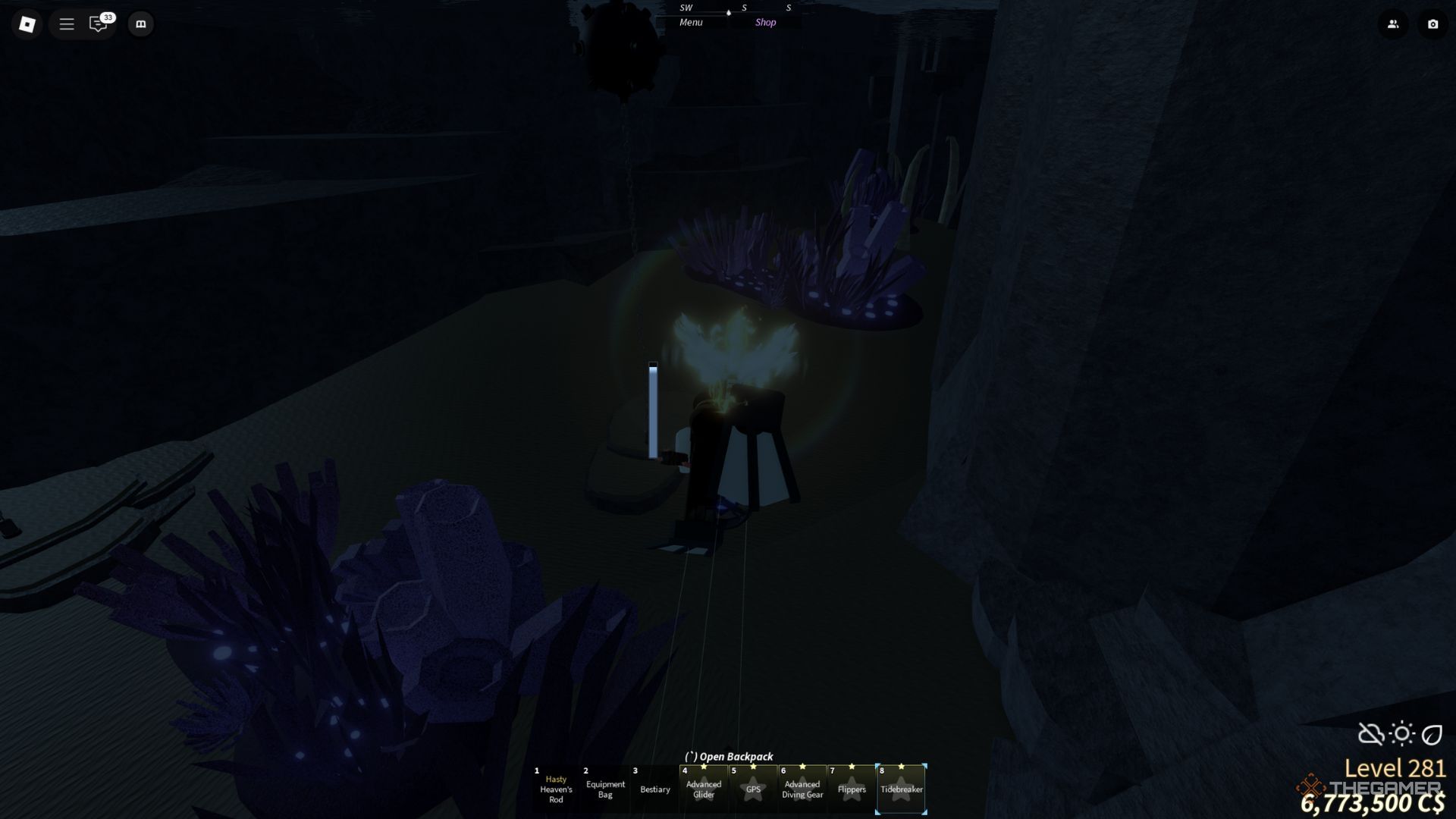 The player character is using a Tidebreaker while being underwater in the Desolate Deep location in Fisch.