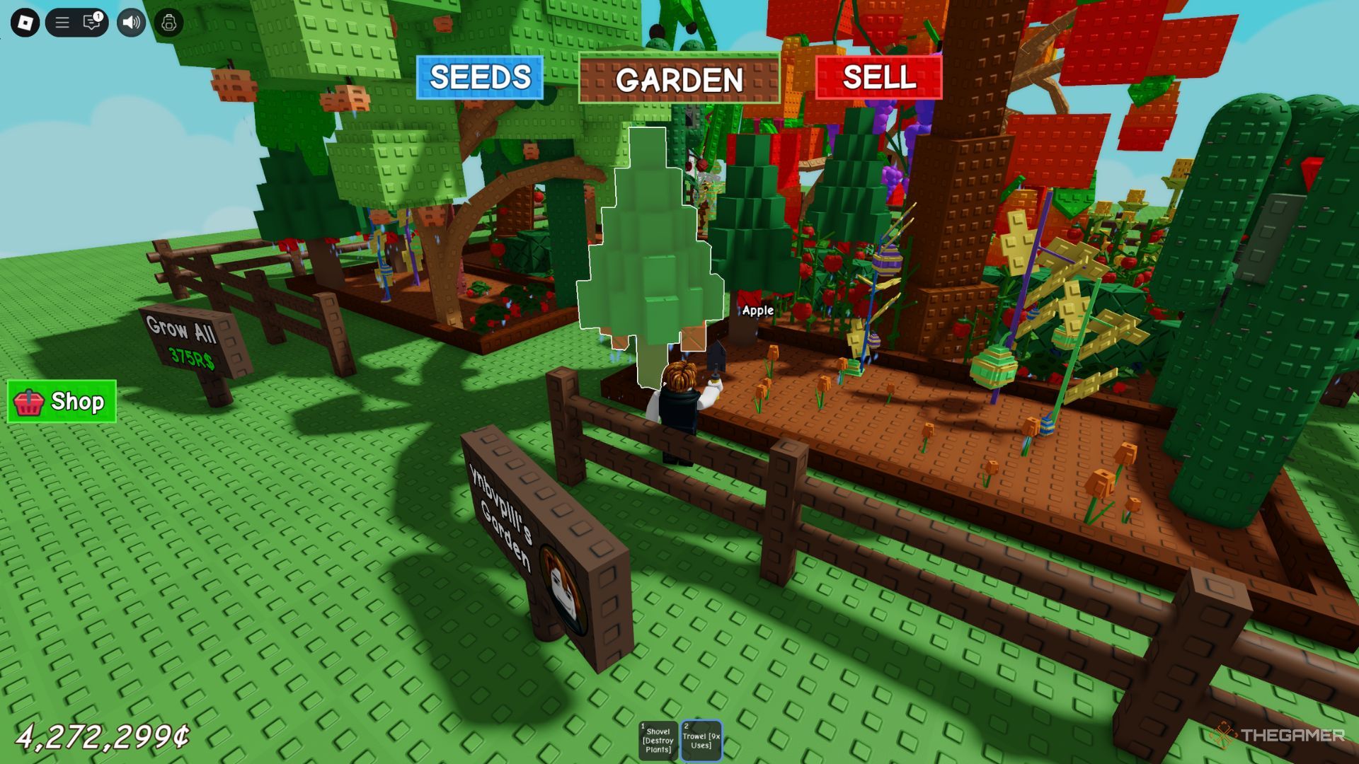 The player character uses the Trowel to move the apple tree in Grow A Garden.