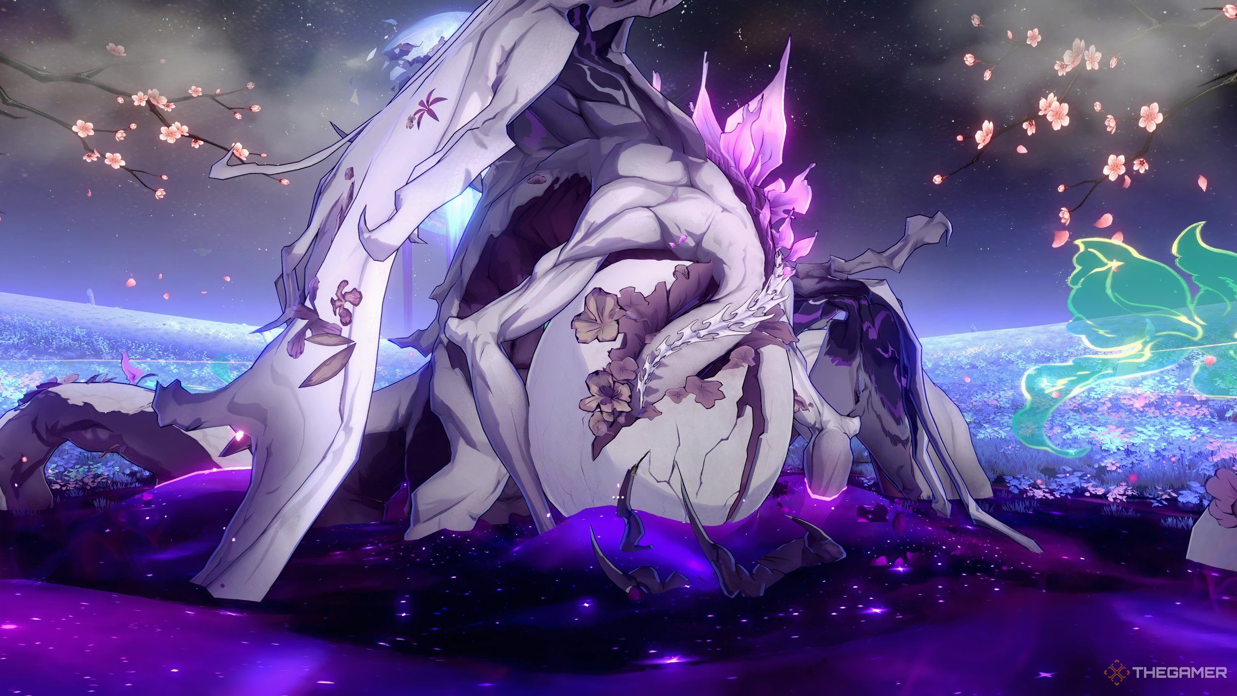Pollux, Netherwing Husk, Ferry Of Souls sitting in a field of flowers in Honkai Star Rail.