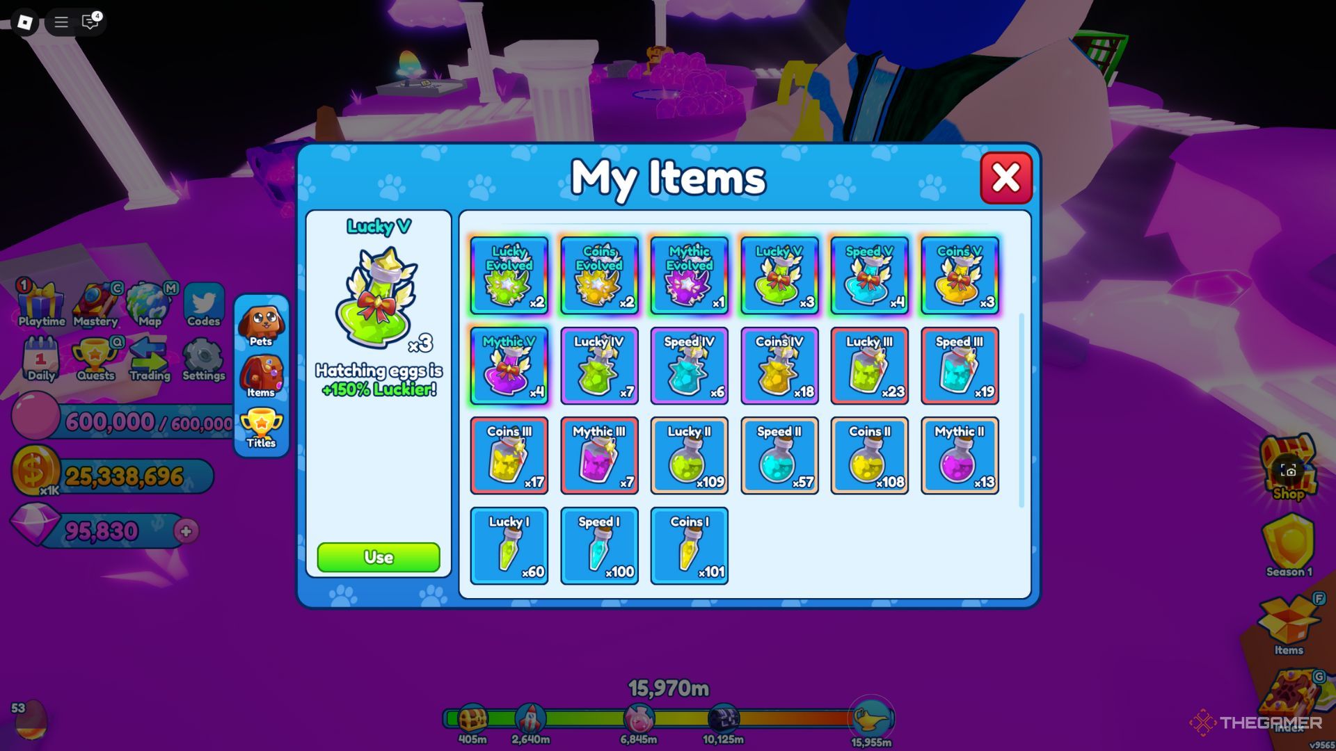 The player character shows his inventory full of different potions in Bubble Gum Simulator Infinity.