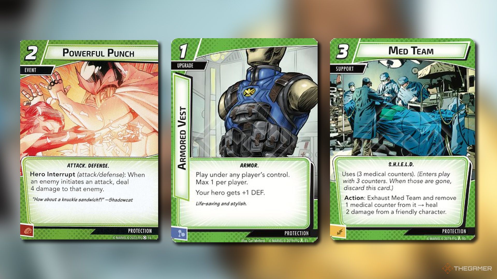 Powerful Punch, Armored Vest and Med Team cards from Marvel Champions.