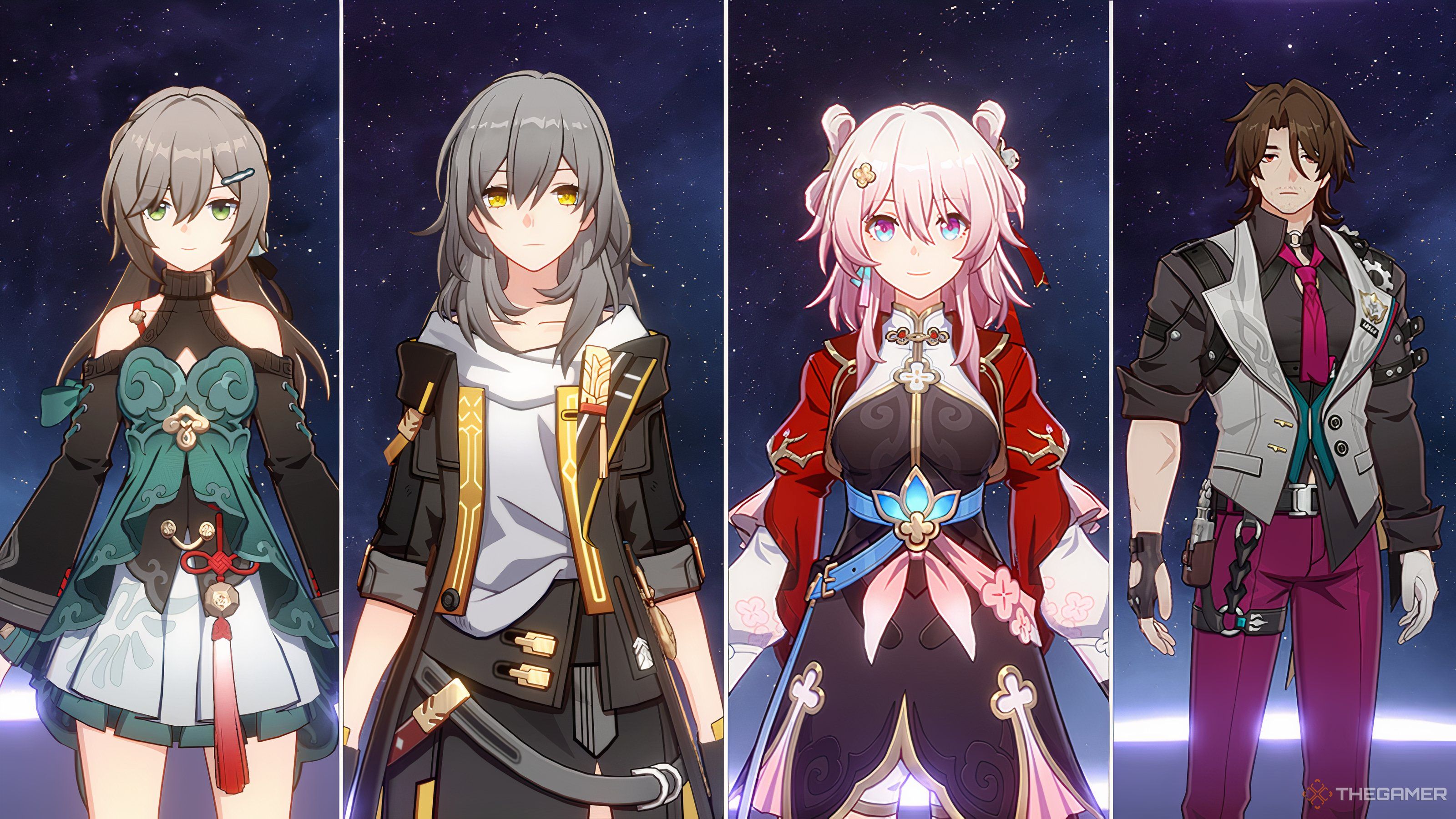 Qingque, Trailblazer, March 7th, and Gallagher in a team in Honkai Star Rail.