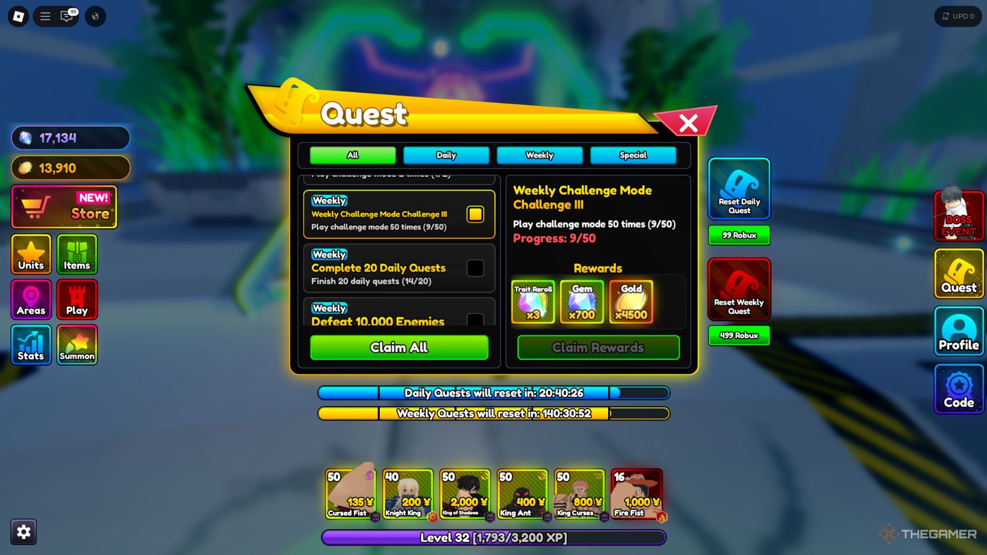 The player character shows the quests tab in Anime Ranger X.