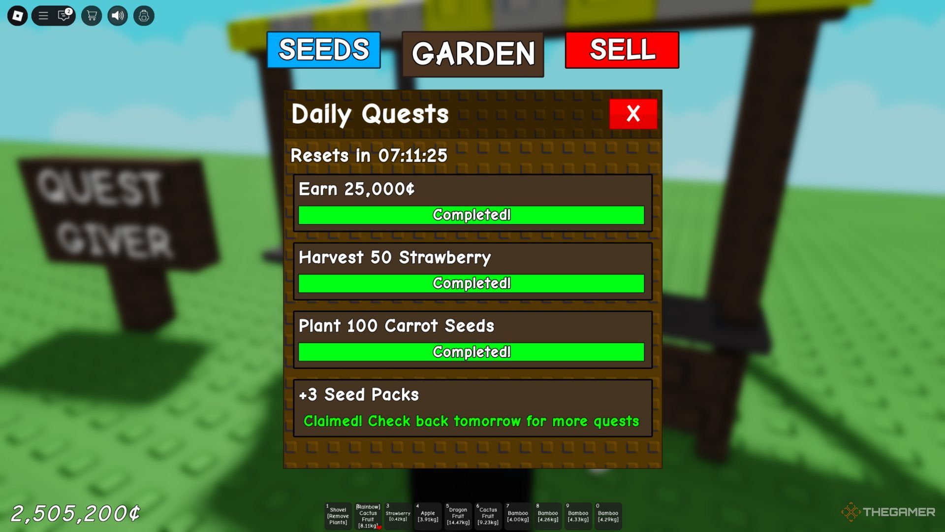 The player character shows the quests tab in Grow A Garden.