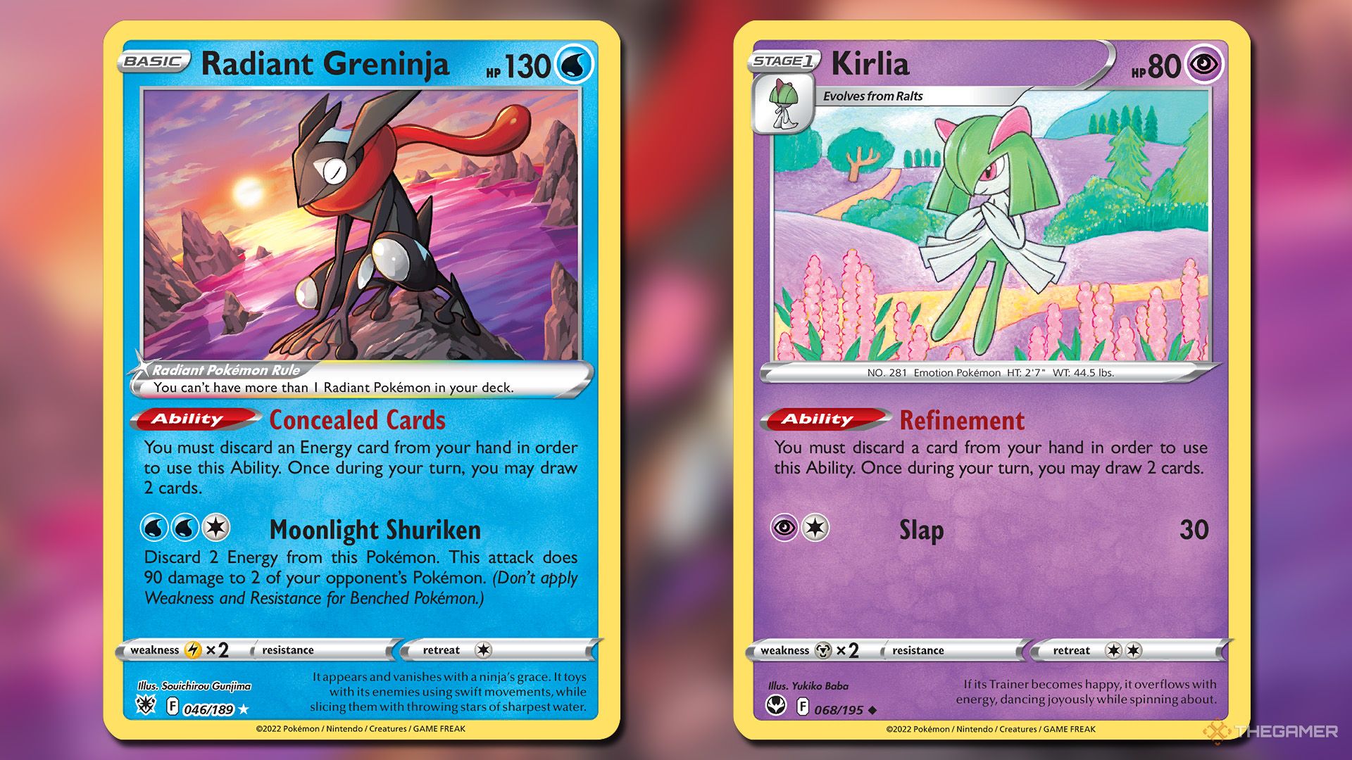 Radiant Greninja and Kirlia cards in Pokemon TCG.