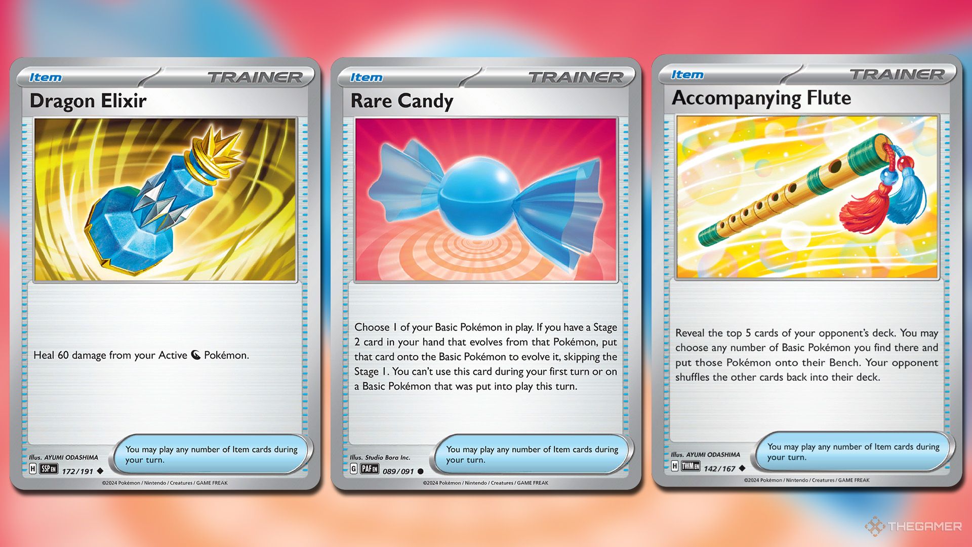 Rare Candy, Dragon Elixir and Accompanying Flute cards in Pokemon TCG.
