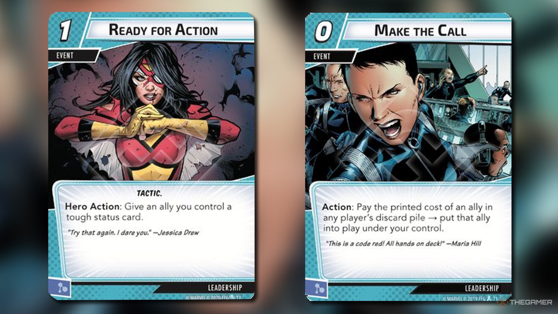 Ready for Action and Make the Call cards from Marvel Champions.