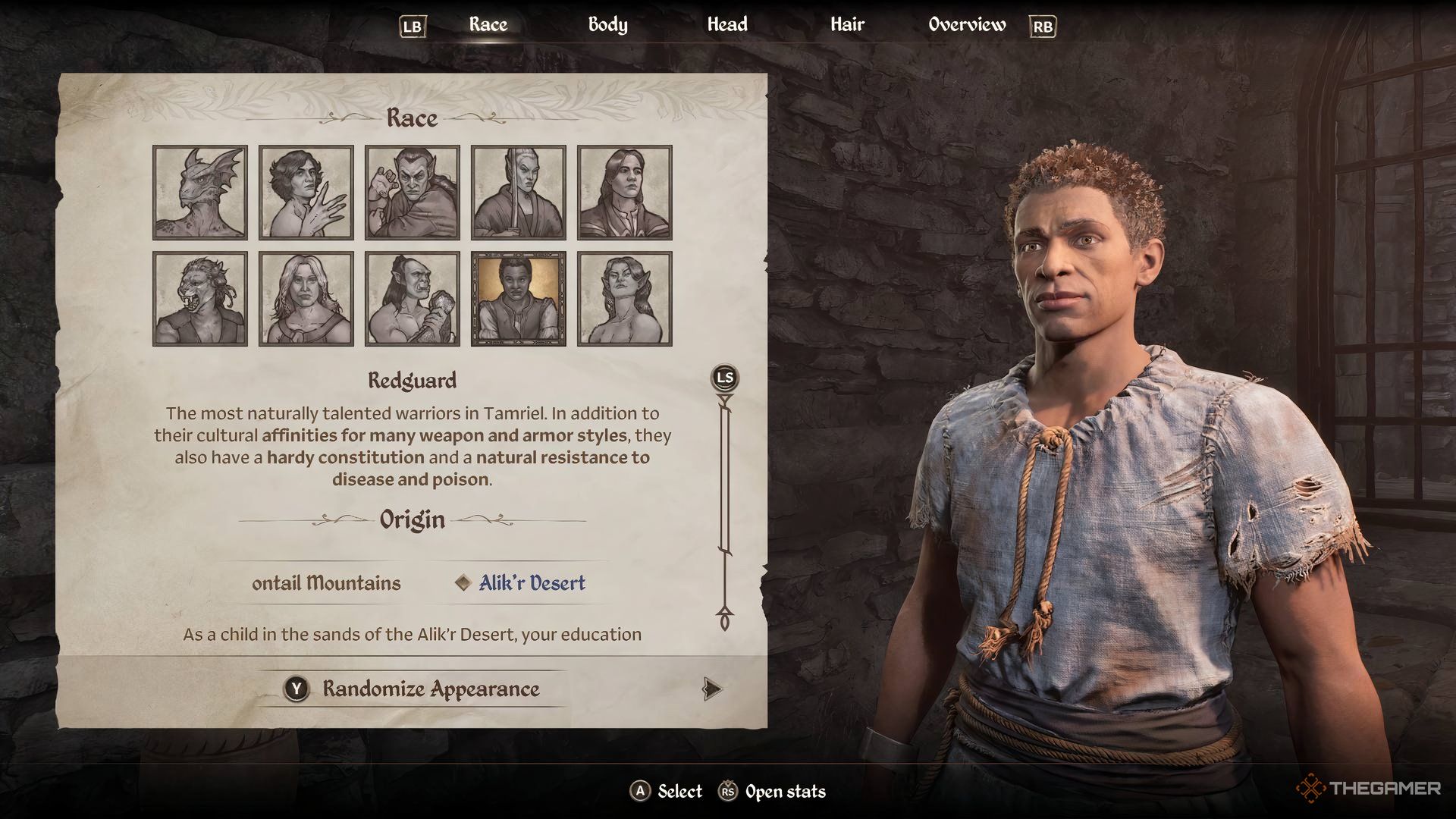 An image of the character creation screen from the Elder Scrolls IV: Oblivion Remastered showing a redguard.