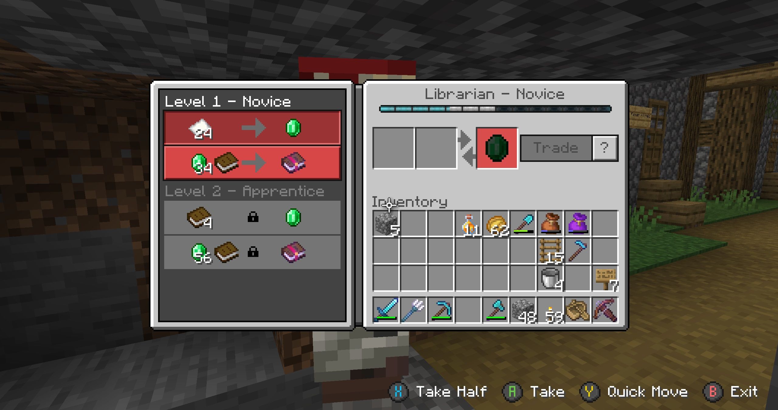 The trading menu with a Librarian in Minecraft.