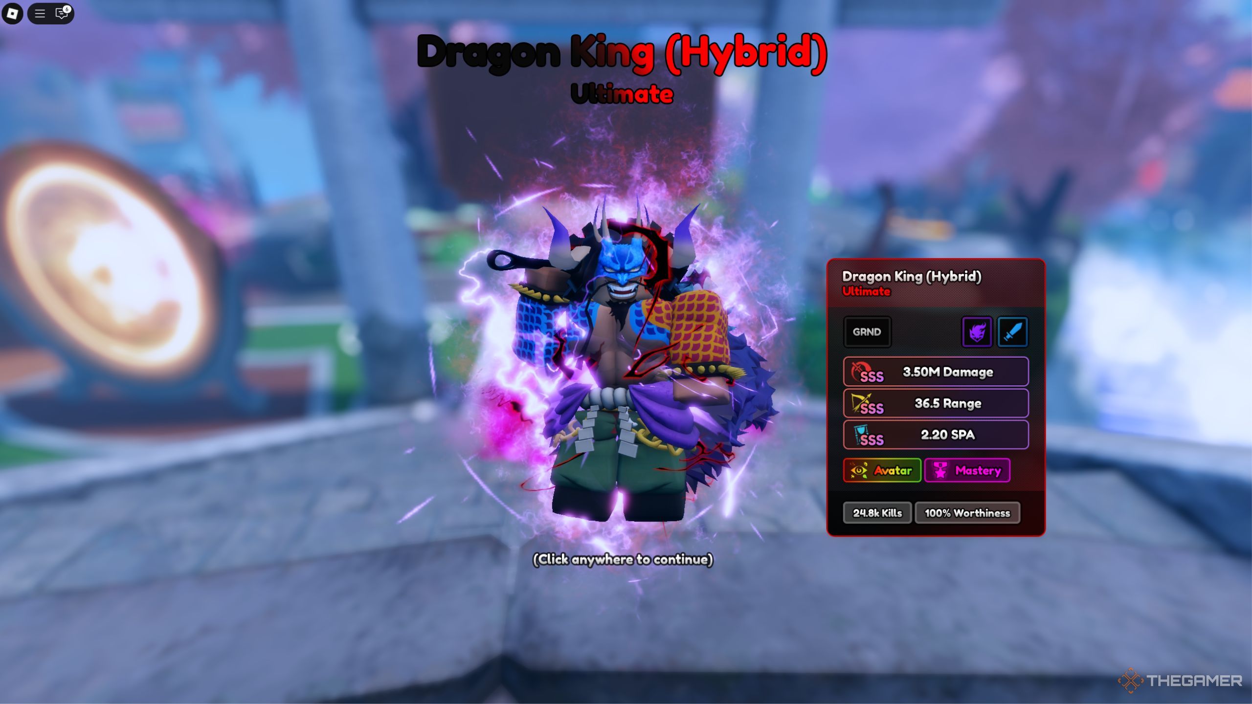 Roblox Anime Last Stand dragon king hybrid showcase with good stats.