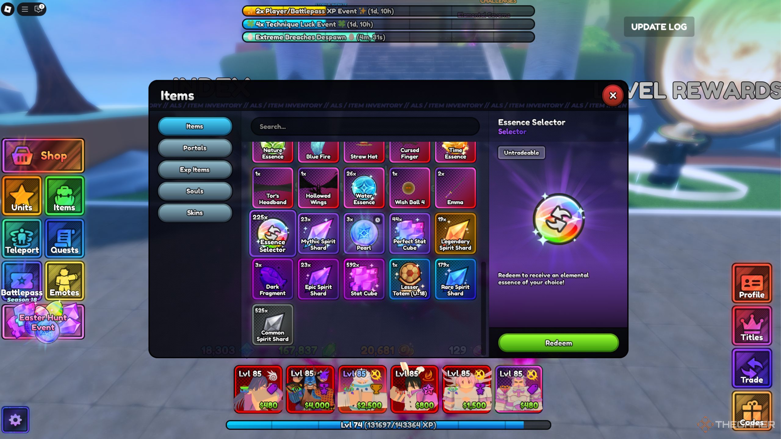 Roblox Anime Last Stand essence selector in inventory.