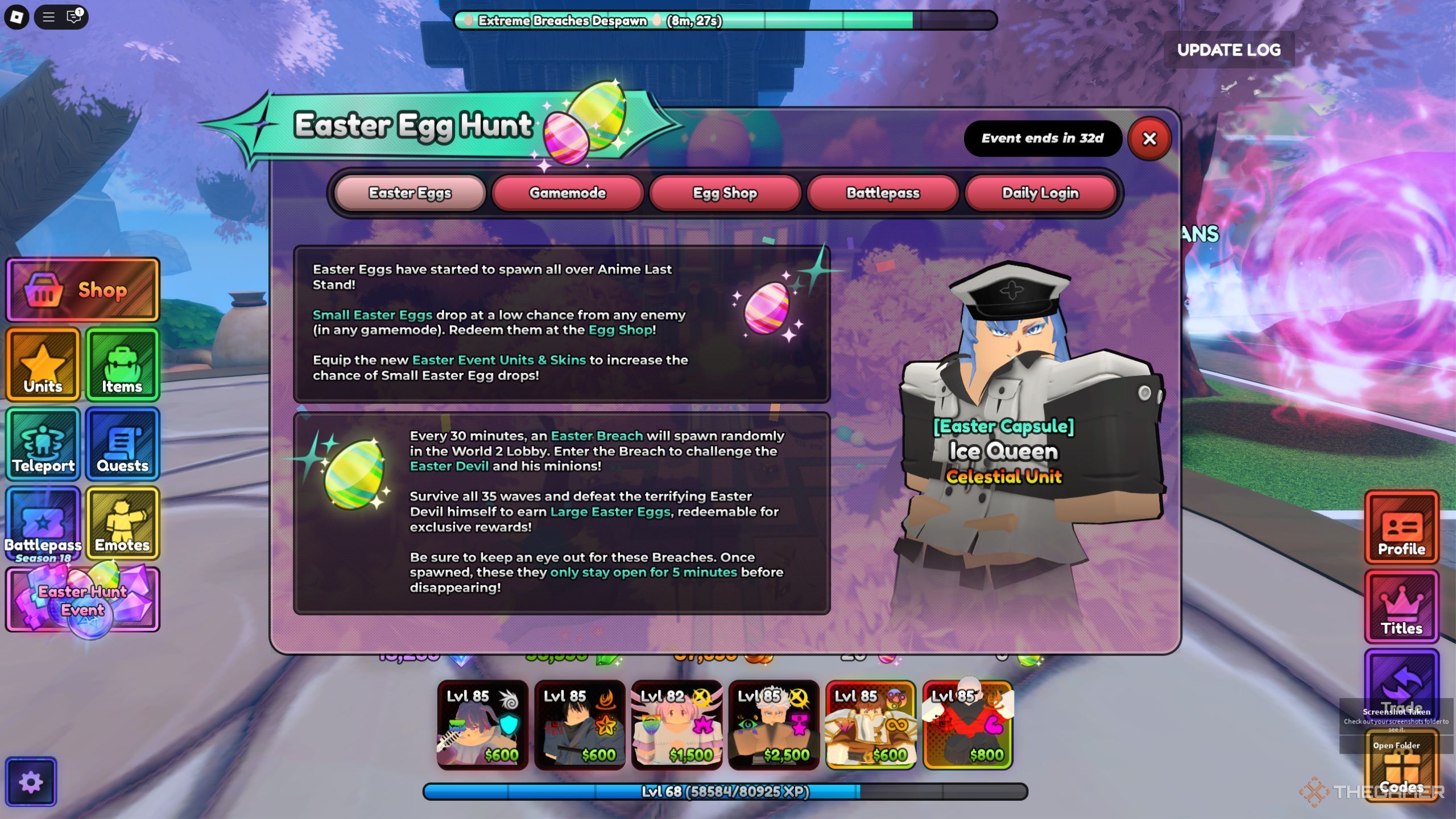 Roblox Anime Last Stand ice queen on the main easter event screen.